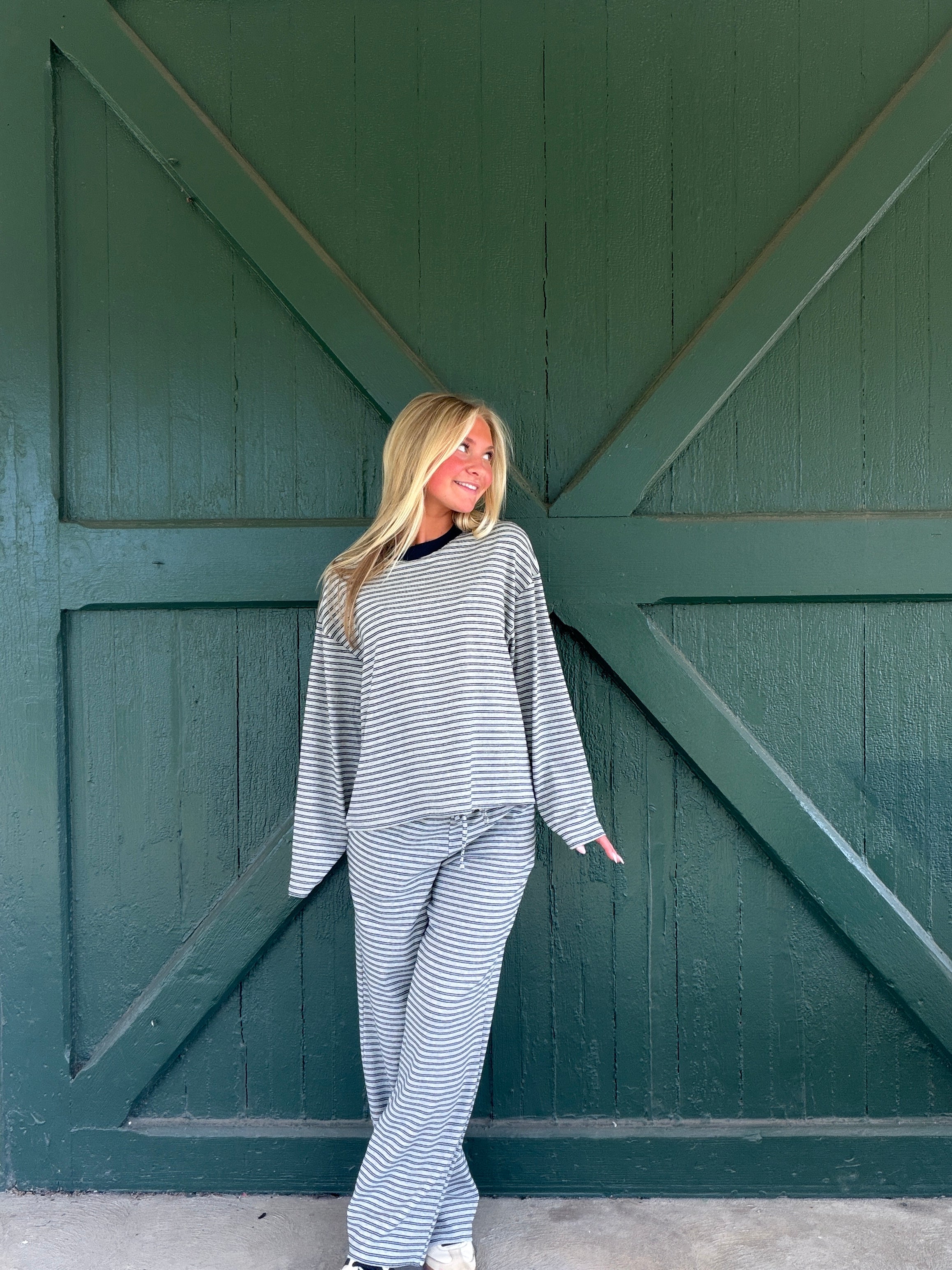 The Dylan Heather Grey Stripe Knit Wide Leg Pant