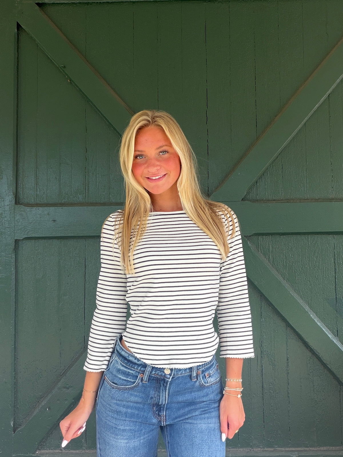 Ava Stripe 3/4 Sleeves Round Hem Top