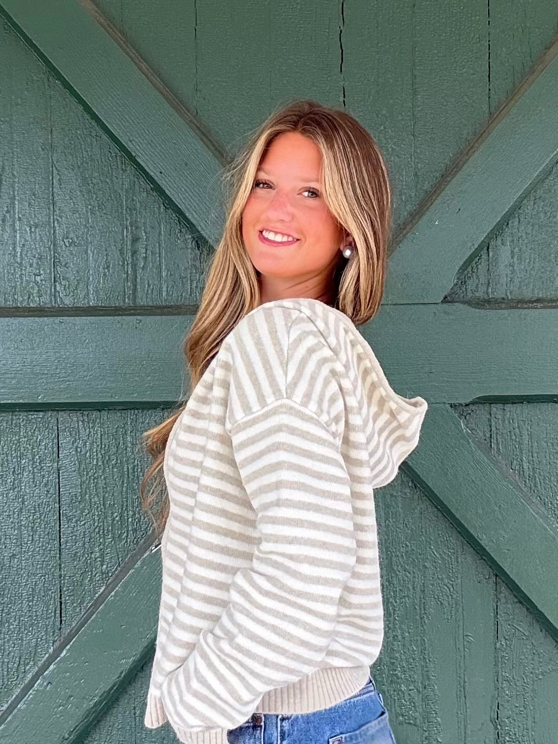 The It Girl Stripe Zip Sweater Hoodie -Latte Stripe