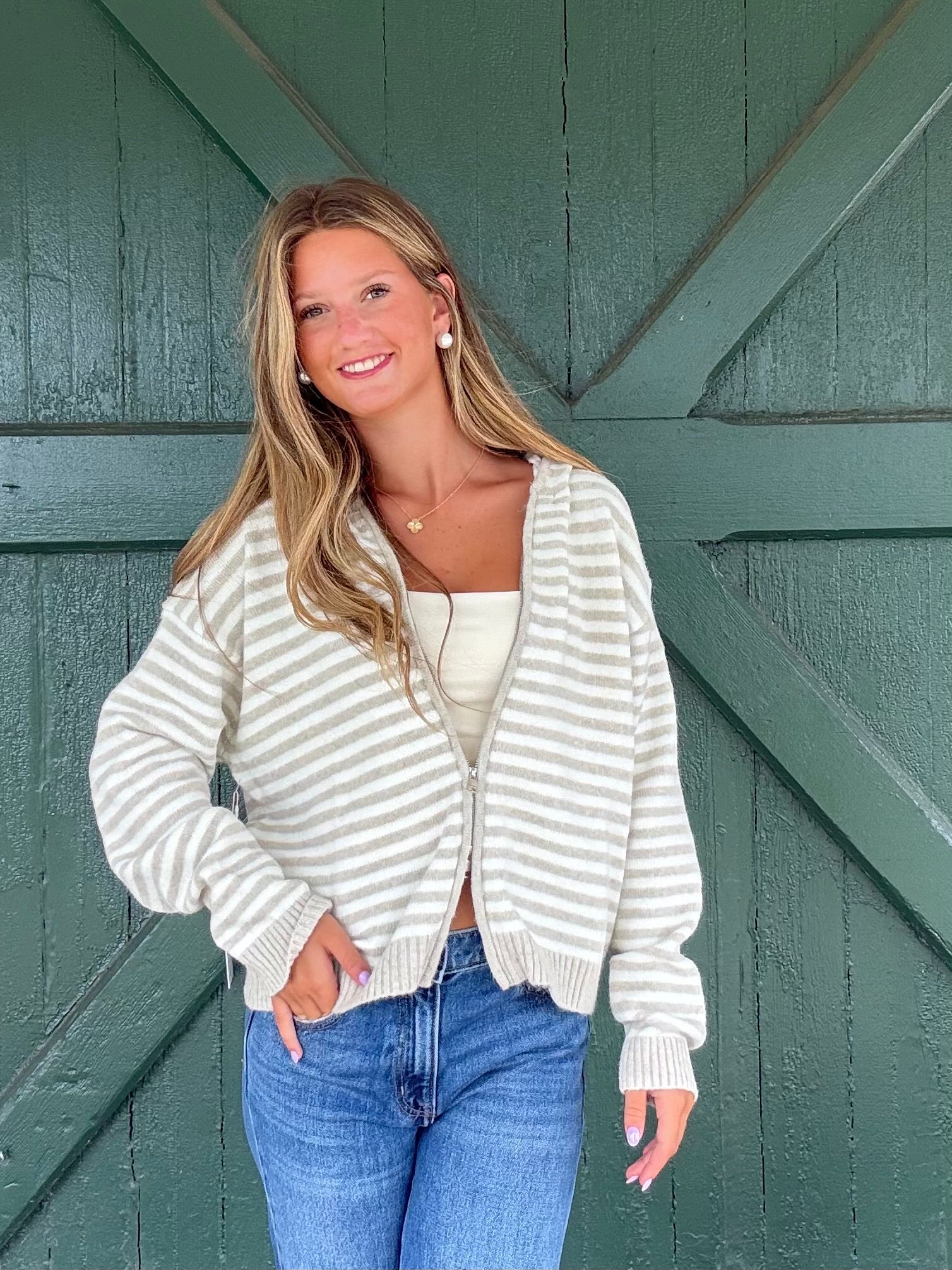 The It Girl Stripe Zip Sweater Hoodie -Latte Stripe