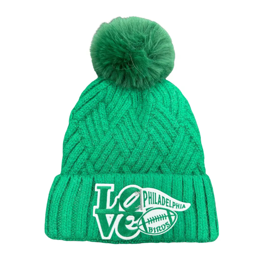 Green "Love Birds" Philadelphia Eagles Beanie - Green Pom Pom & Eagles Patch