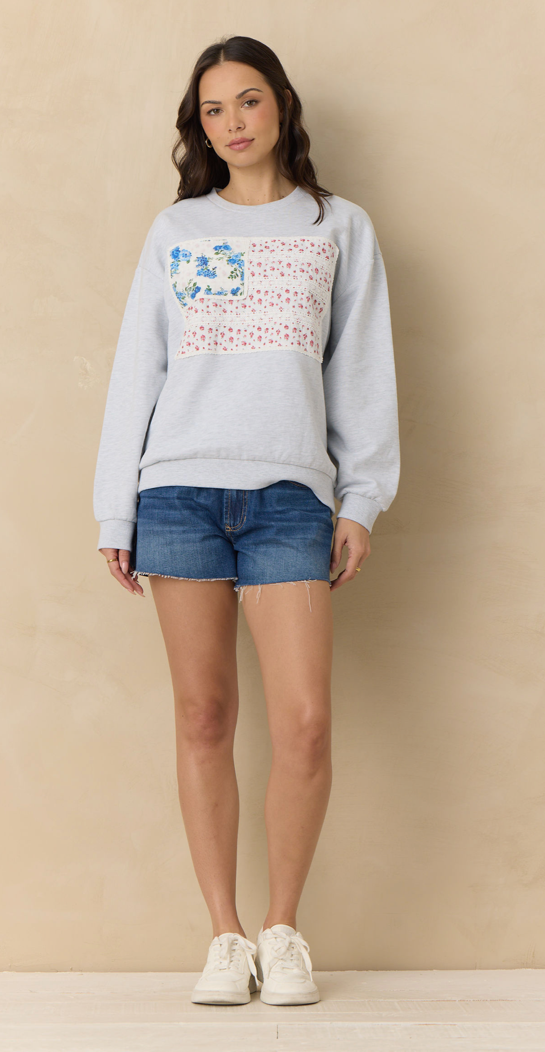 Vintage Havana Ash Grey Crewneck with American Flag Appliqué