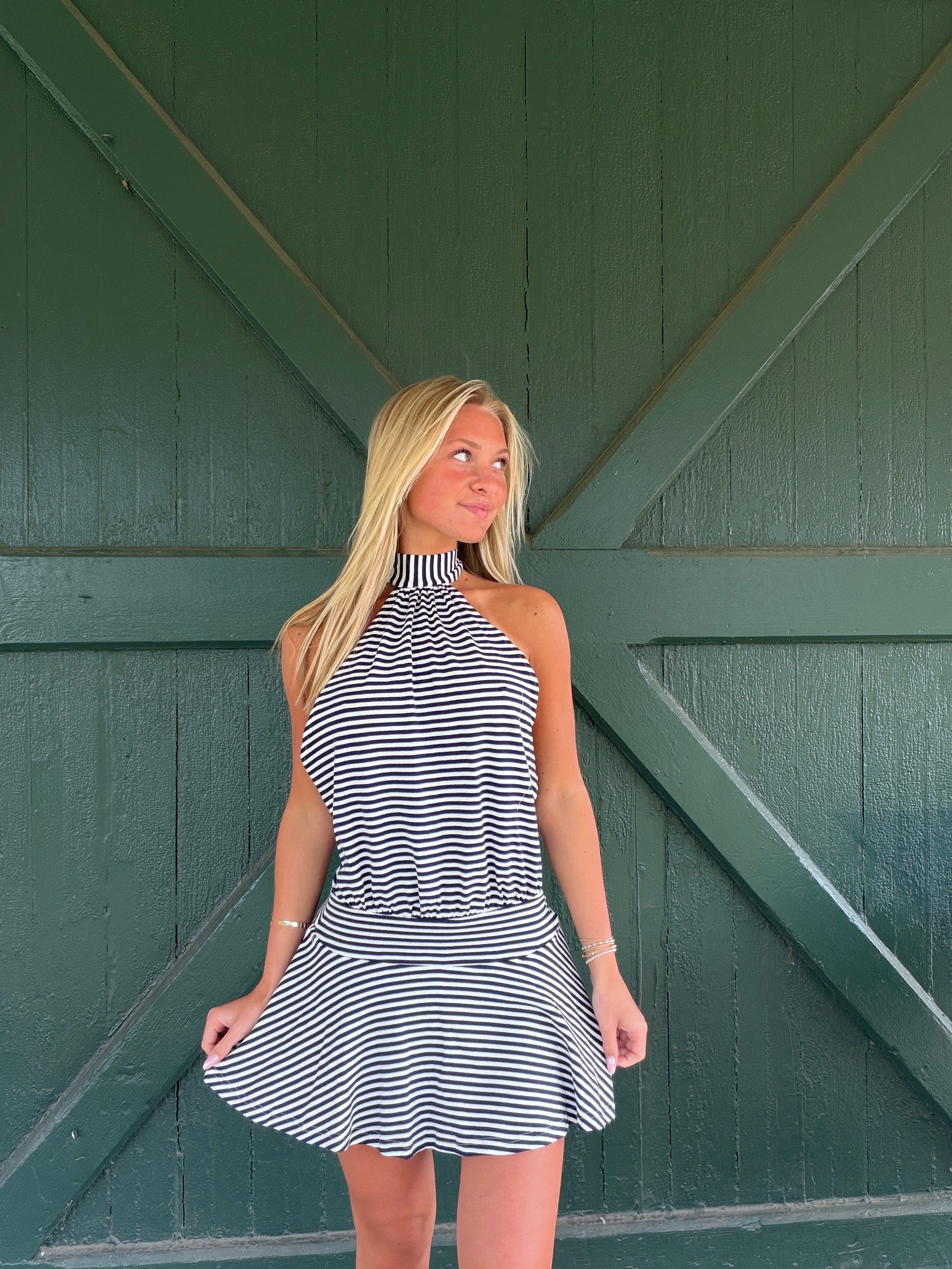 The Harbor Stripe Halter Romper – Navy