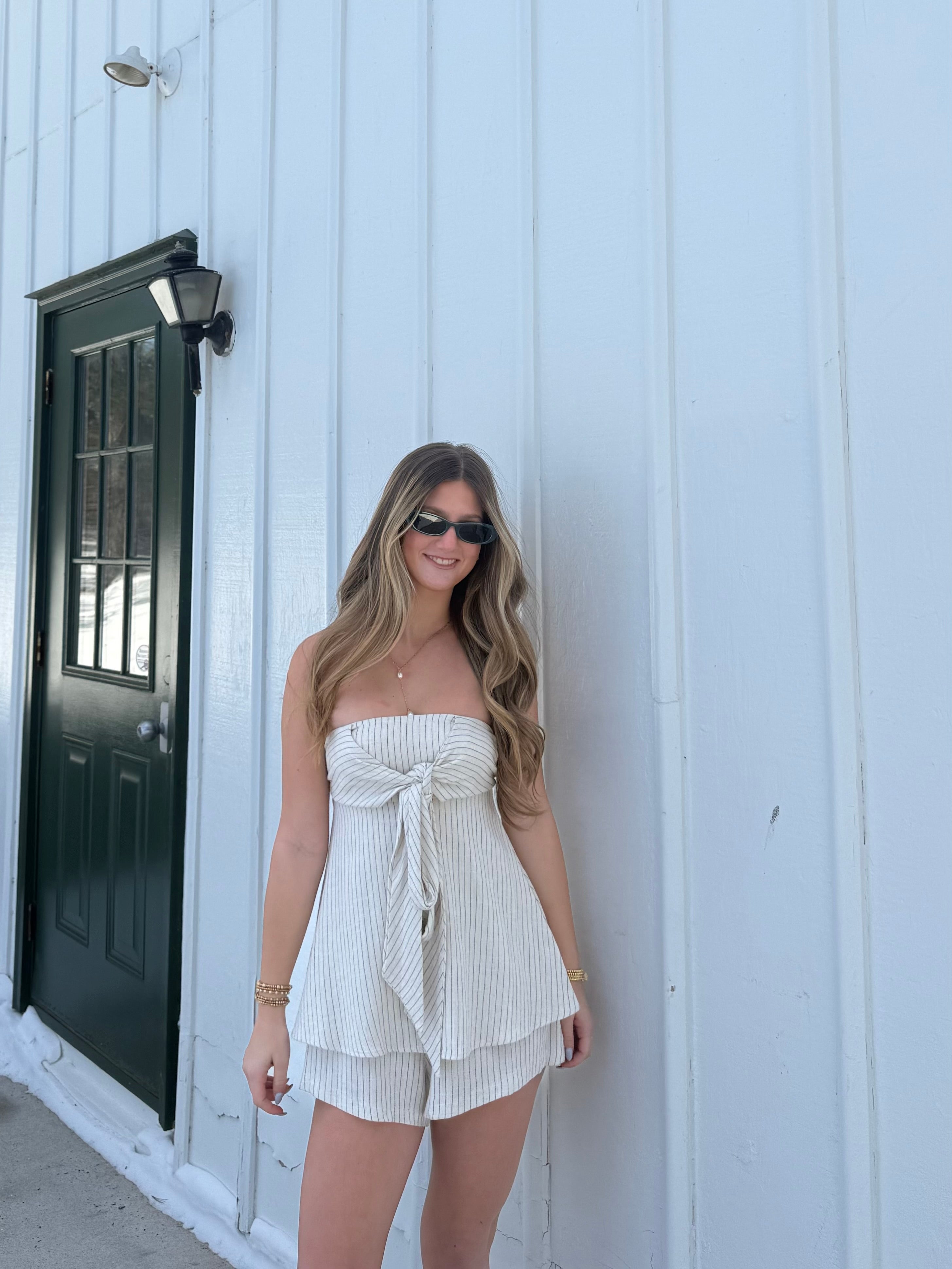 Luna Coast Strapless Striped Tie-Front Romper Dress