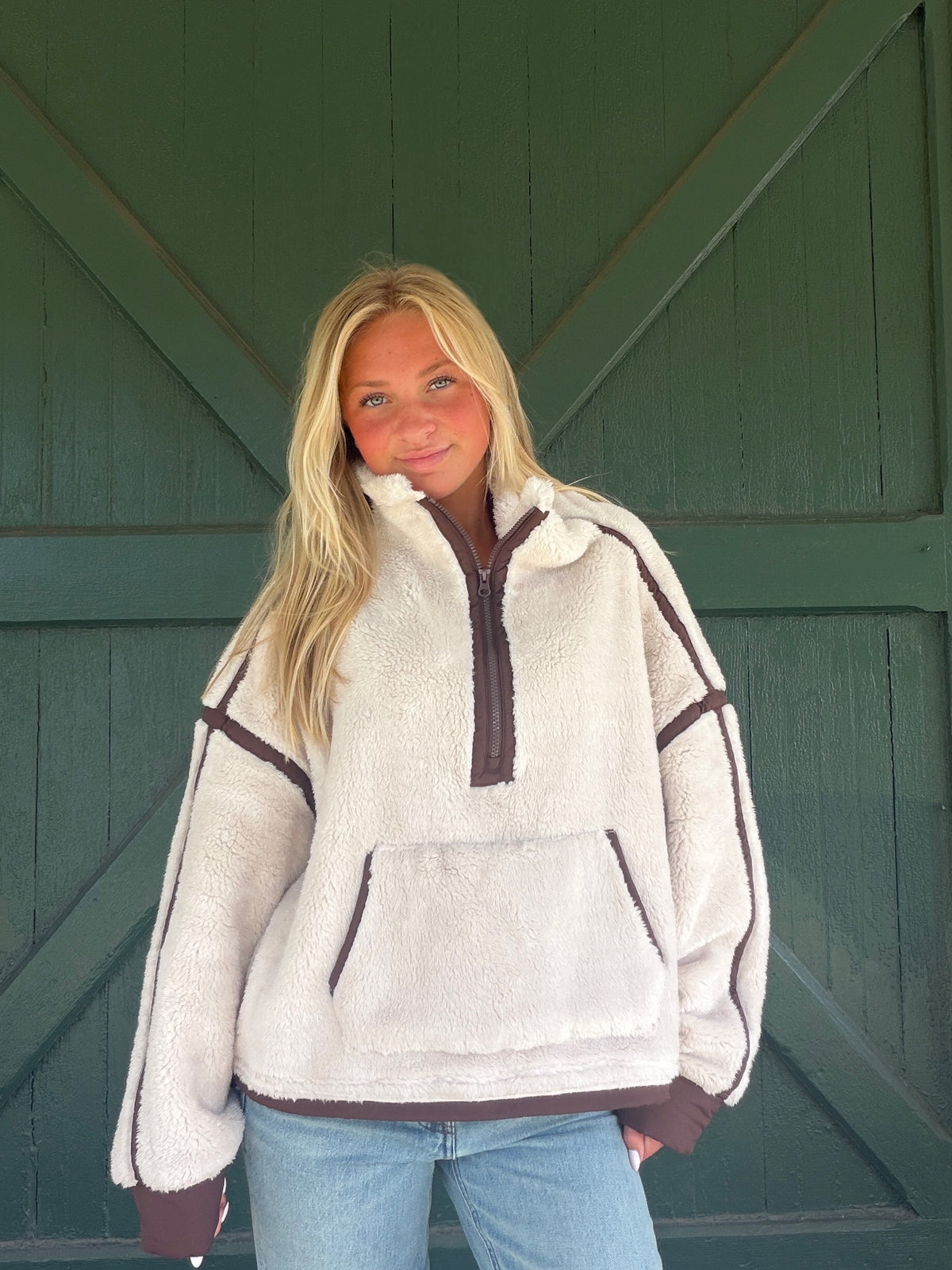 Vintage Havana Light Beige with Brown Sherpa Quarter Zip with Contrast Binding
