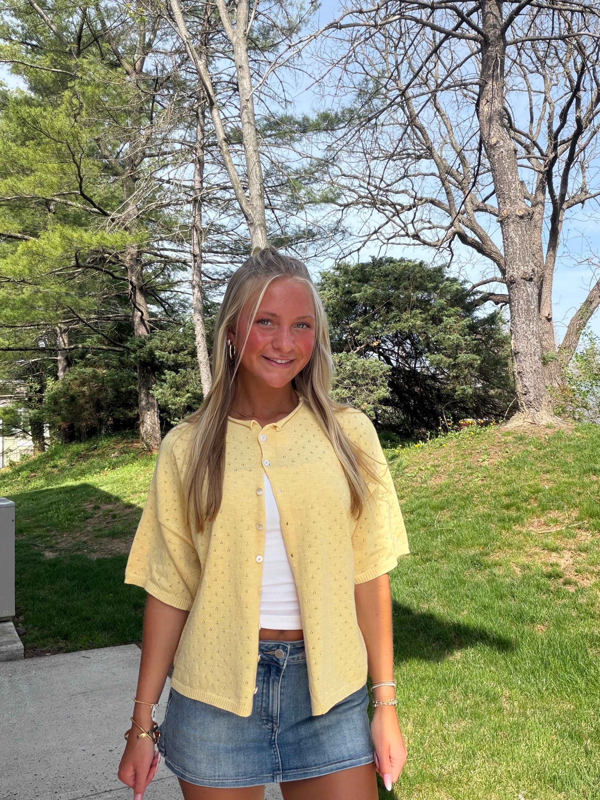 The It Girl Short Sleeve Pointelle Cardigan - Light Yellow