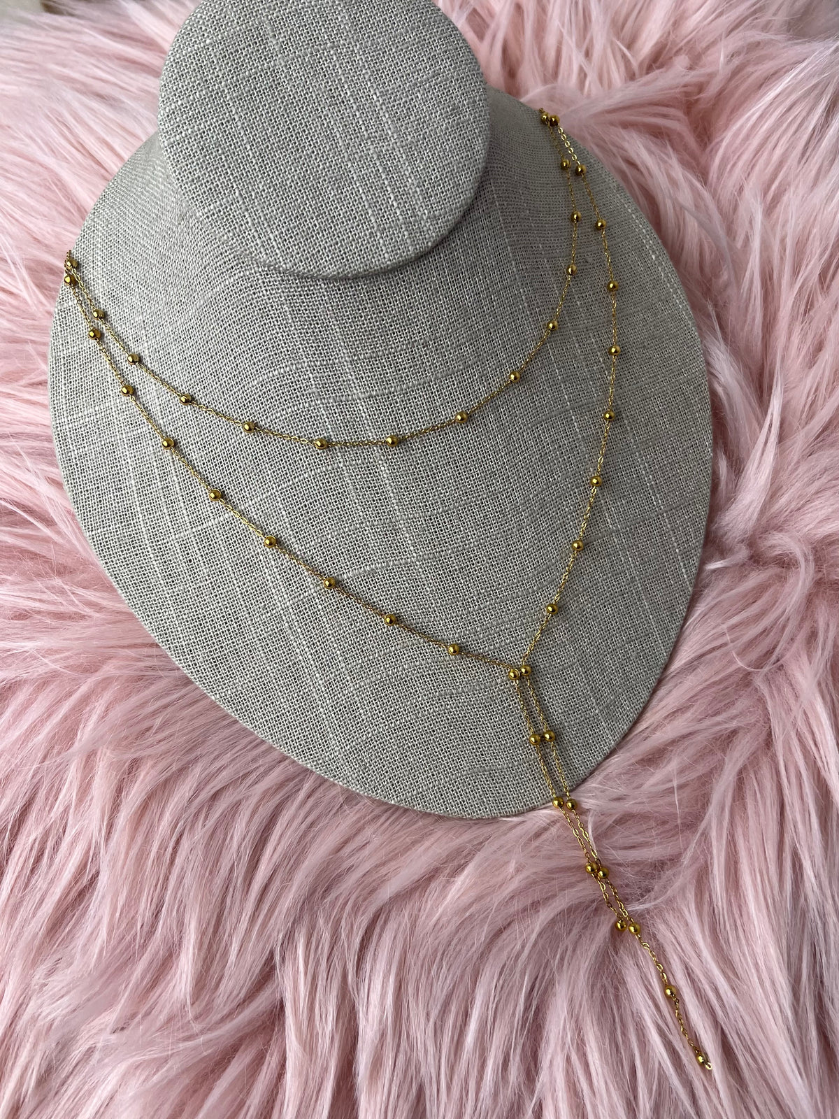 Golden Double Chain Lariat Necklace – 18K Gold Plated Stainless Steel, Water & Tarnish Resistant