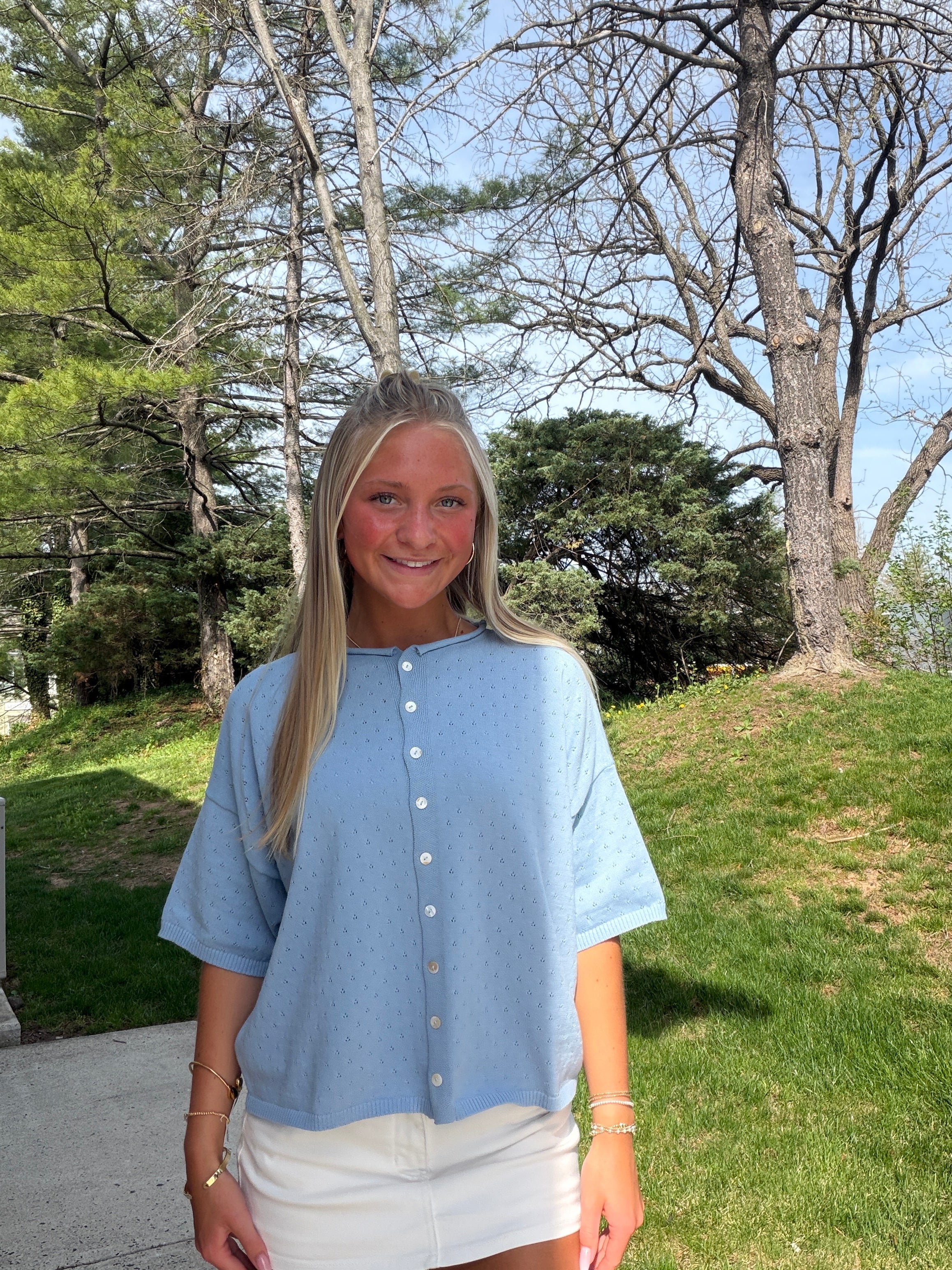 The It Girl Short Sleeve Pointelle Cardigan - Light Blue