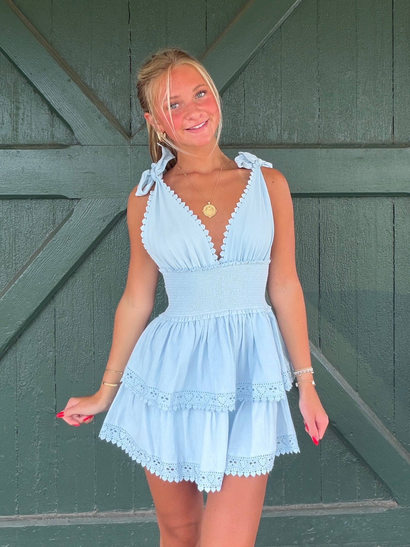 Penelope Baby Blue Tie Strap Layered Lace Mini Dress