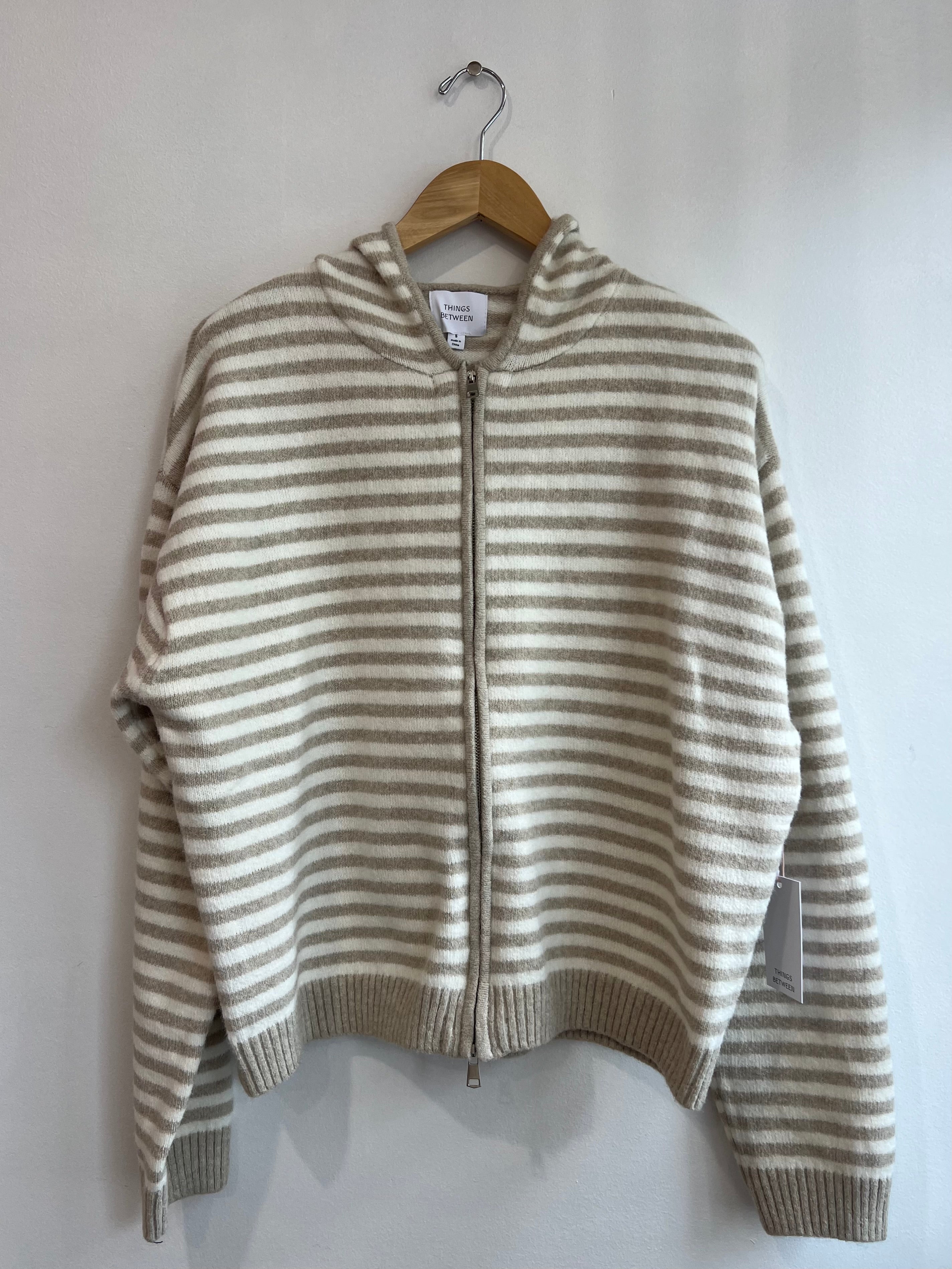The It Girl Stripe Zip Sweater Hoodie -Latte Stripe