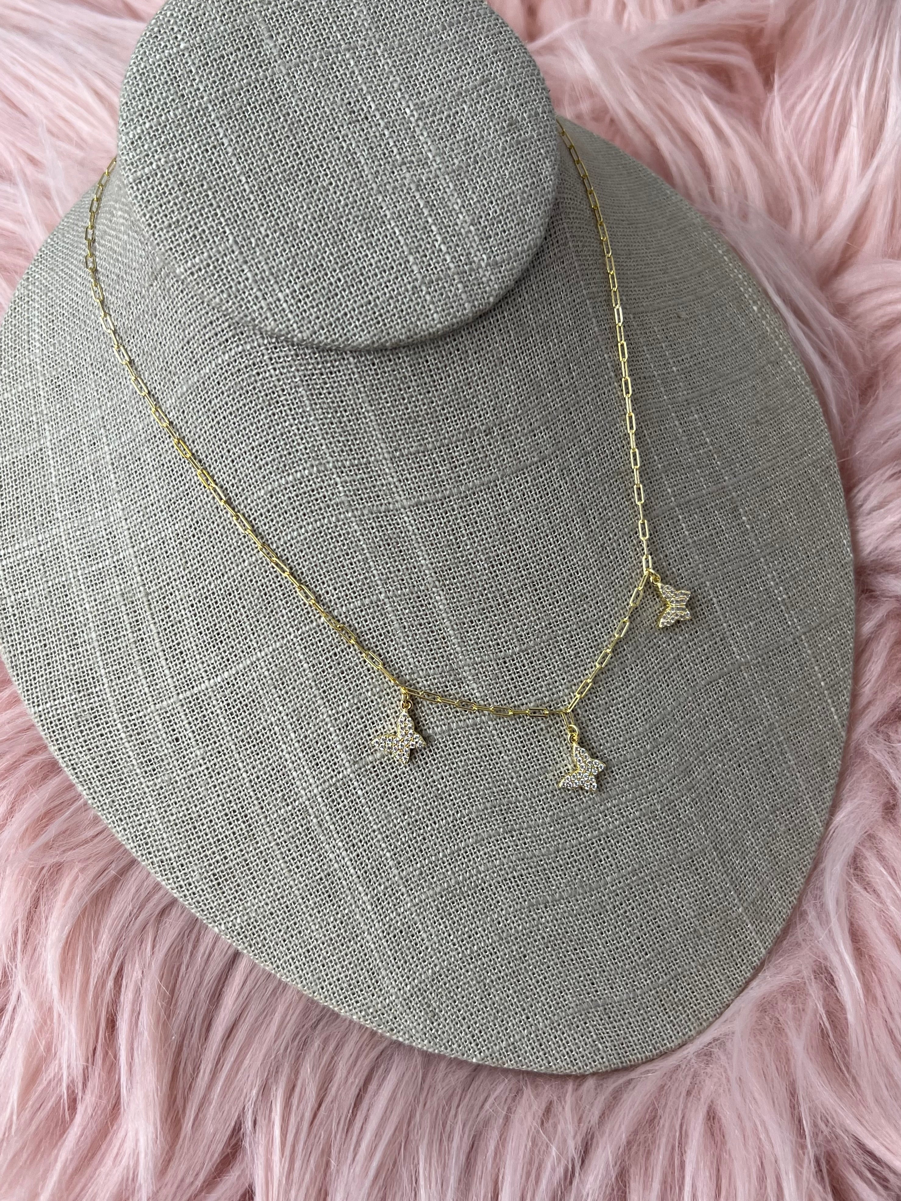 Flutter Trio Dangling CZ Butterfly Necklace