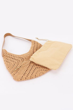 Mila Crochet Shoulder Bag with Pouch – Natural Woven Everyday Tote Khaki