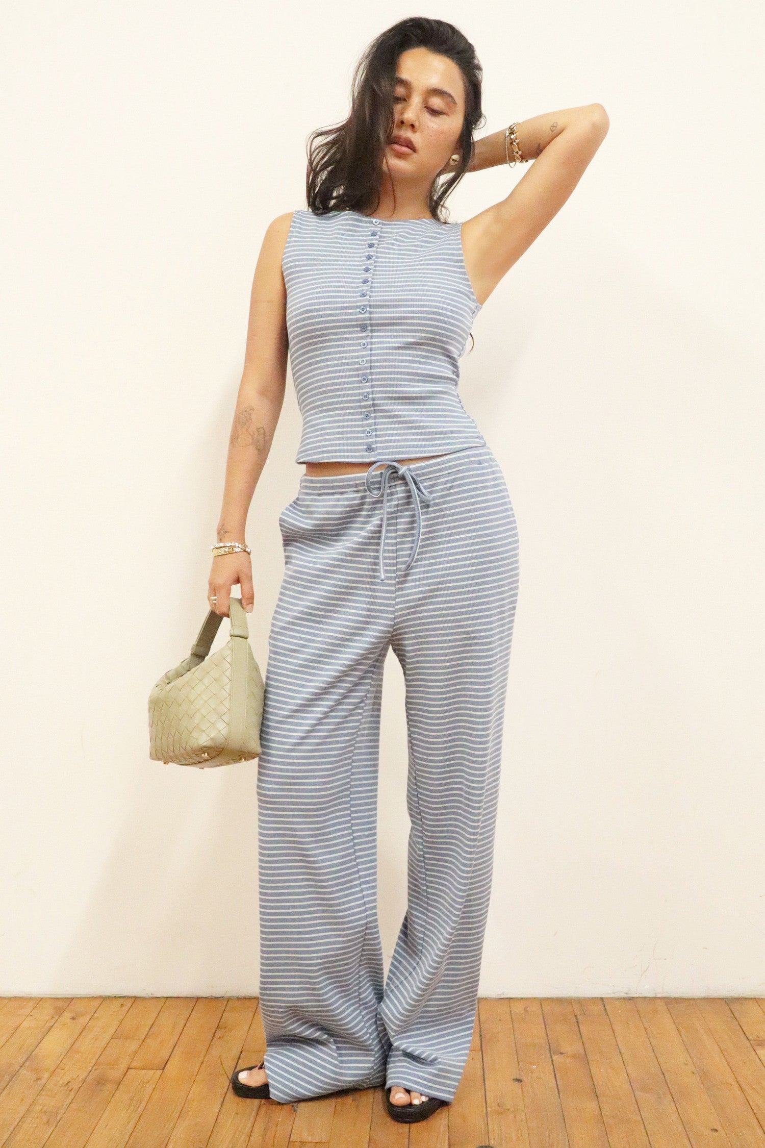 The Dylan Dusty Blue Stripe Knit Wide Leg Pant