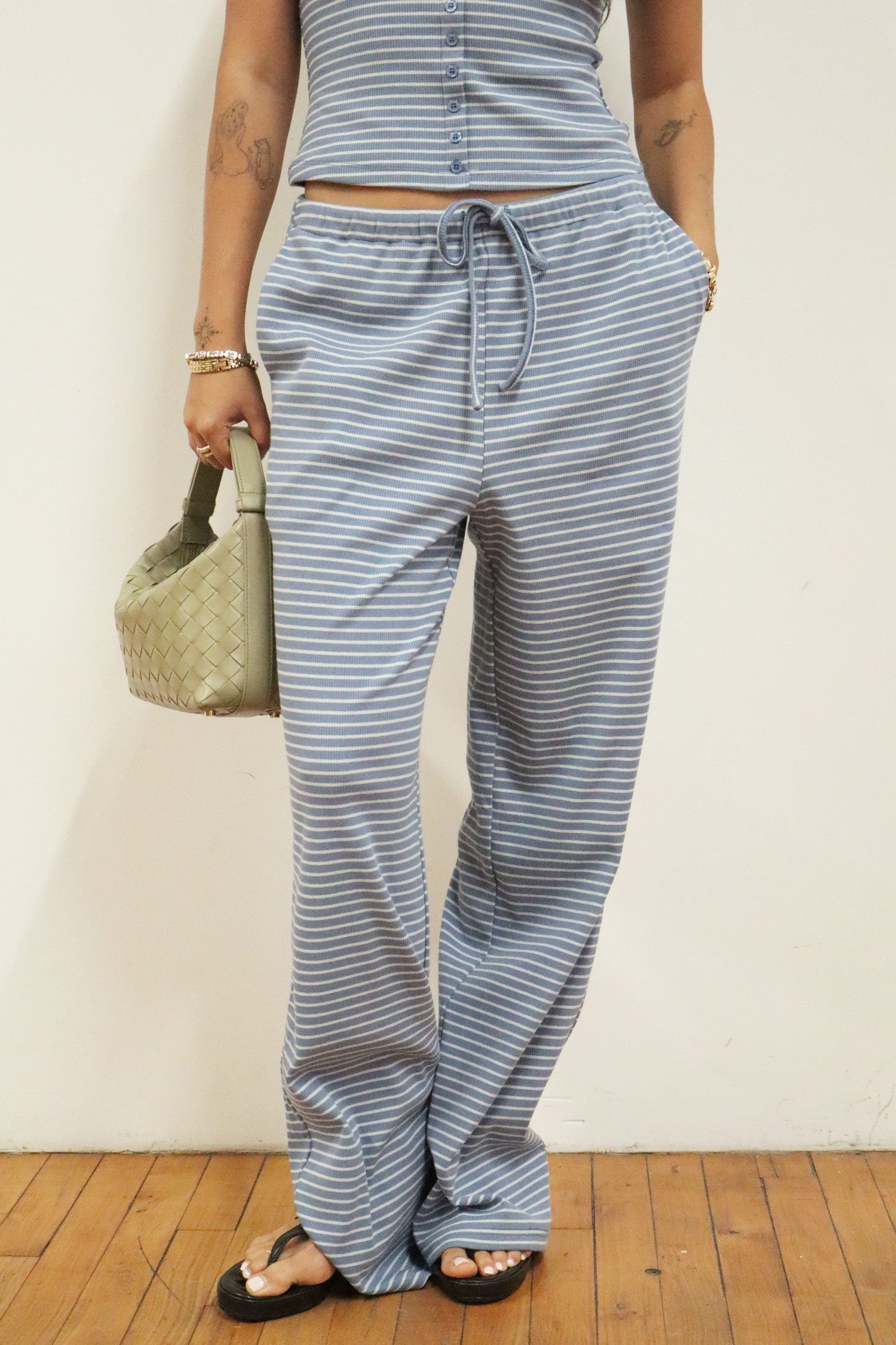The Dylan Dusty Blue Stripe Knit Wide Leg Pant