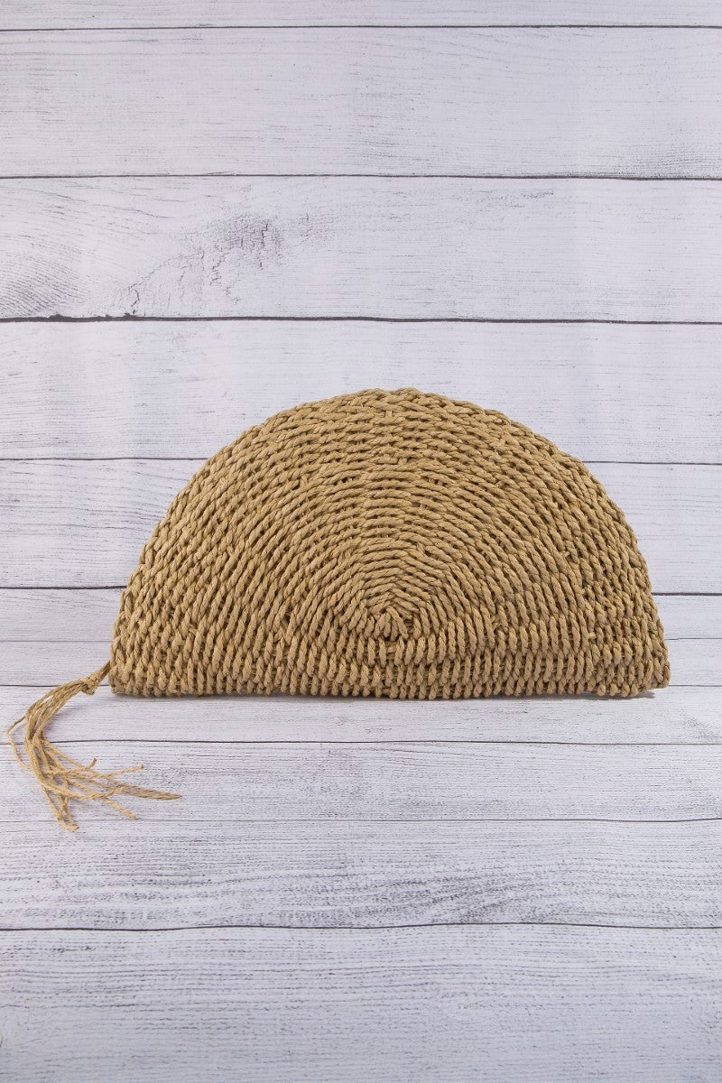 Sunkissed Coast Woven Clutch – Half Moon Straw Statement Bag