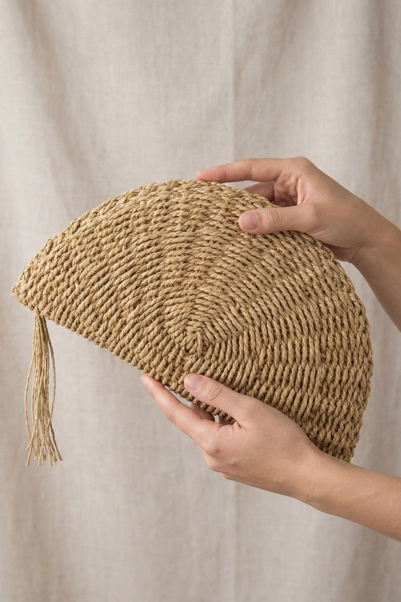 Sunkissed Coast Woven Clutch – Half Moon Straw Statement Bag