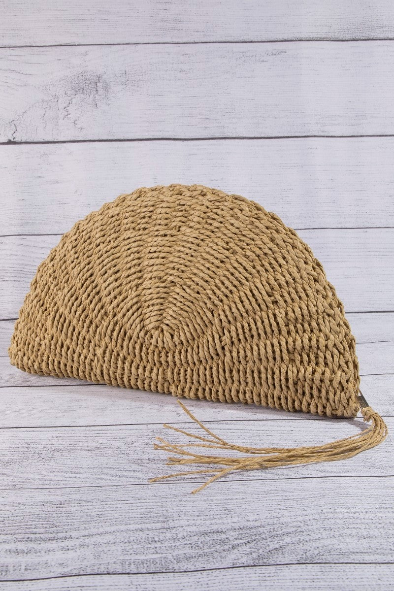 Sunkissed Coast Woven Clutch – Half Moon Straw Statement Bag