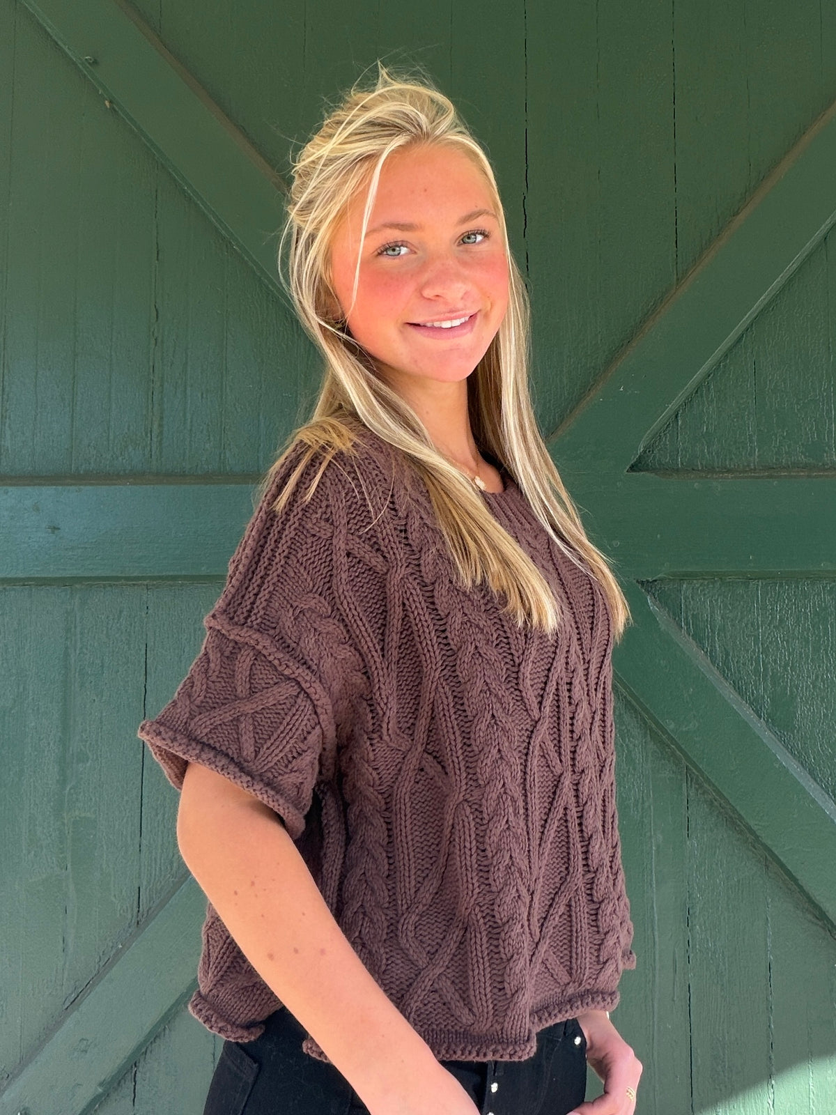 Dark brown cable knit short-sleeve sweater with cable diamond texture and crew neck