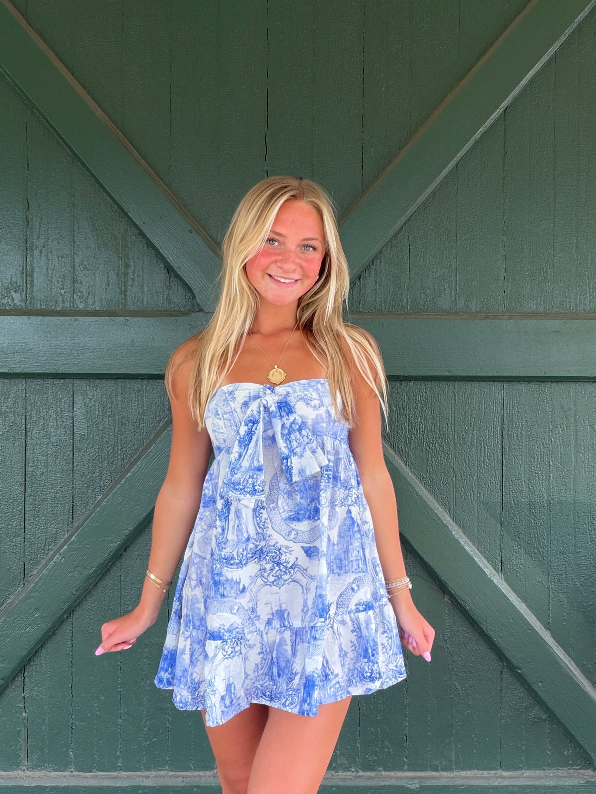 Fiona Blue Toile Strapless Mini Dress