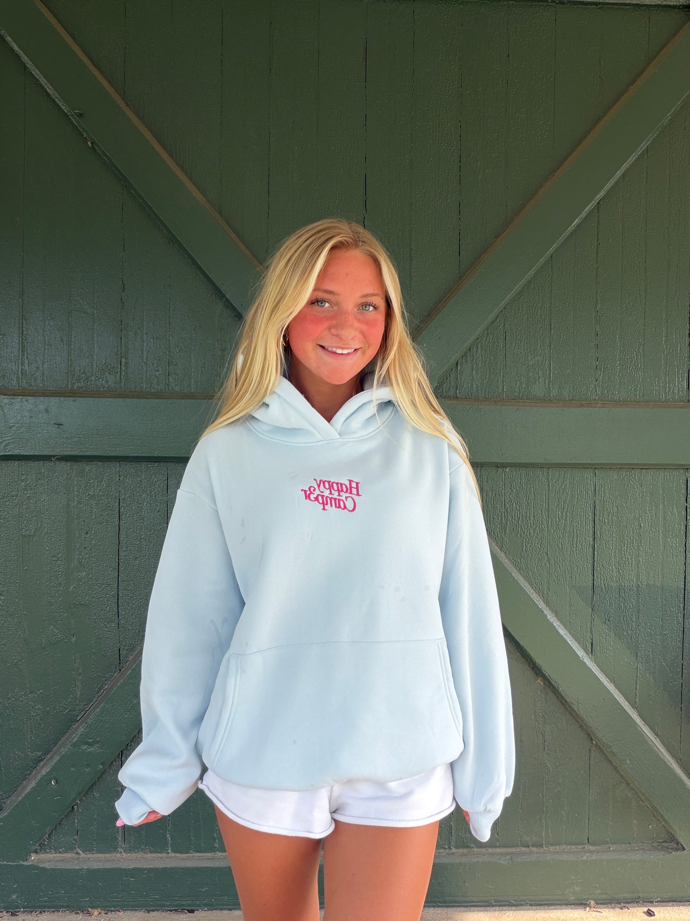 Happy Camp3r Pastel Blue Appliqué Hoodie