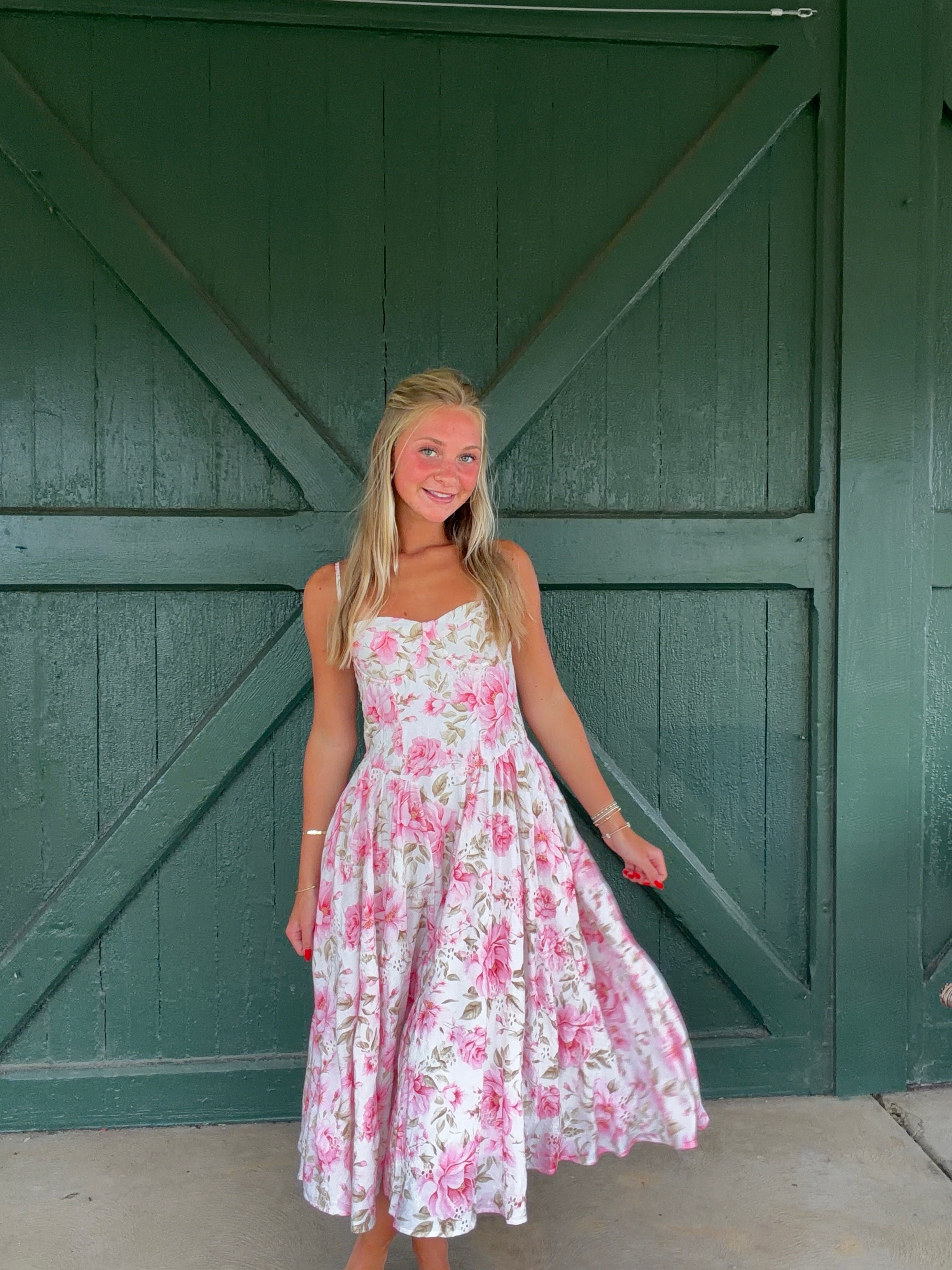 Garden Party Midi Dress - Pink Eyelet