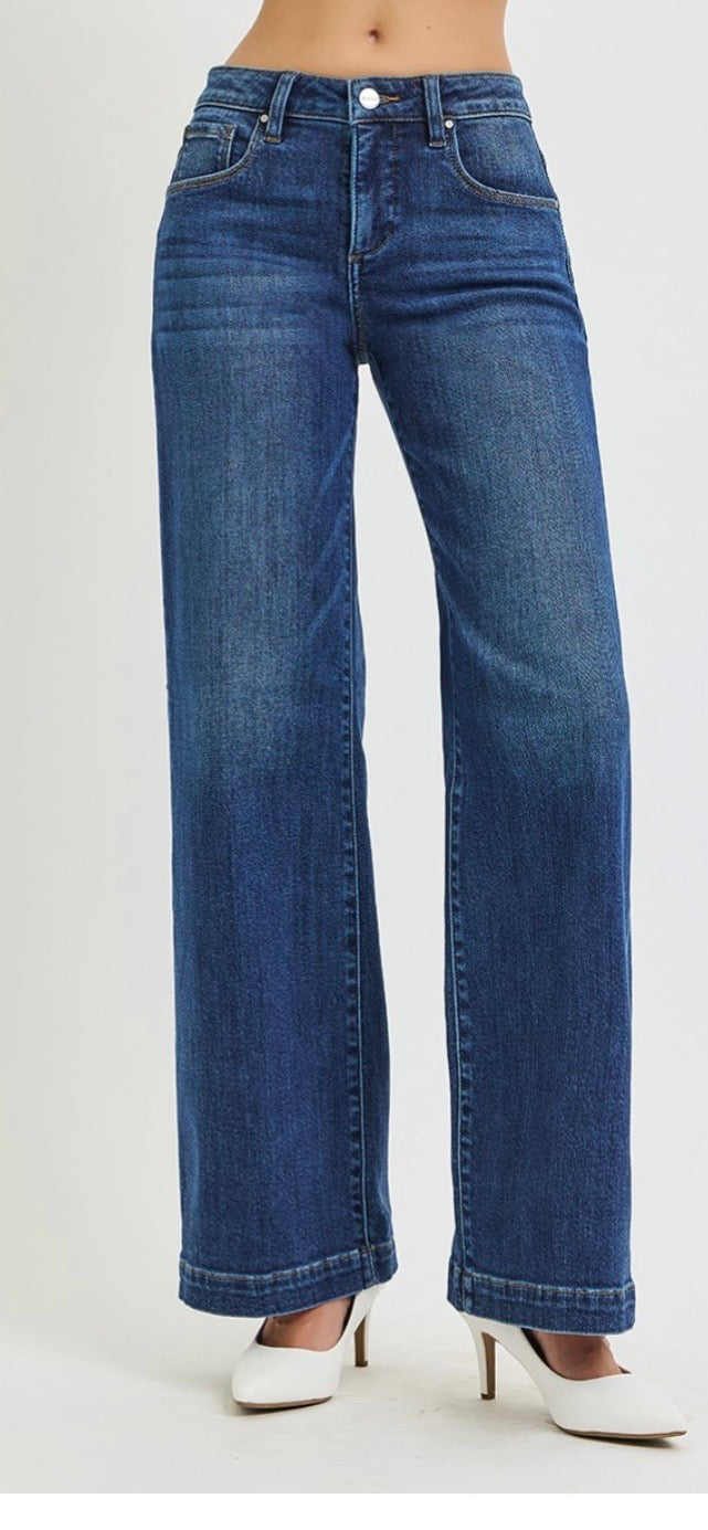 Risen Mid Rise Tummy Control Wide Leg Jeans-Dark Wash