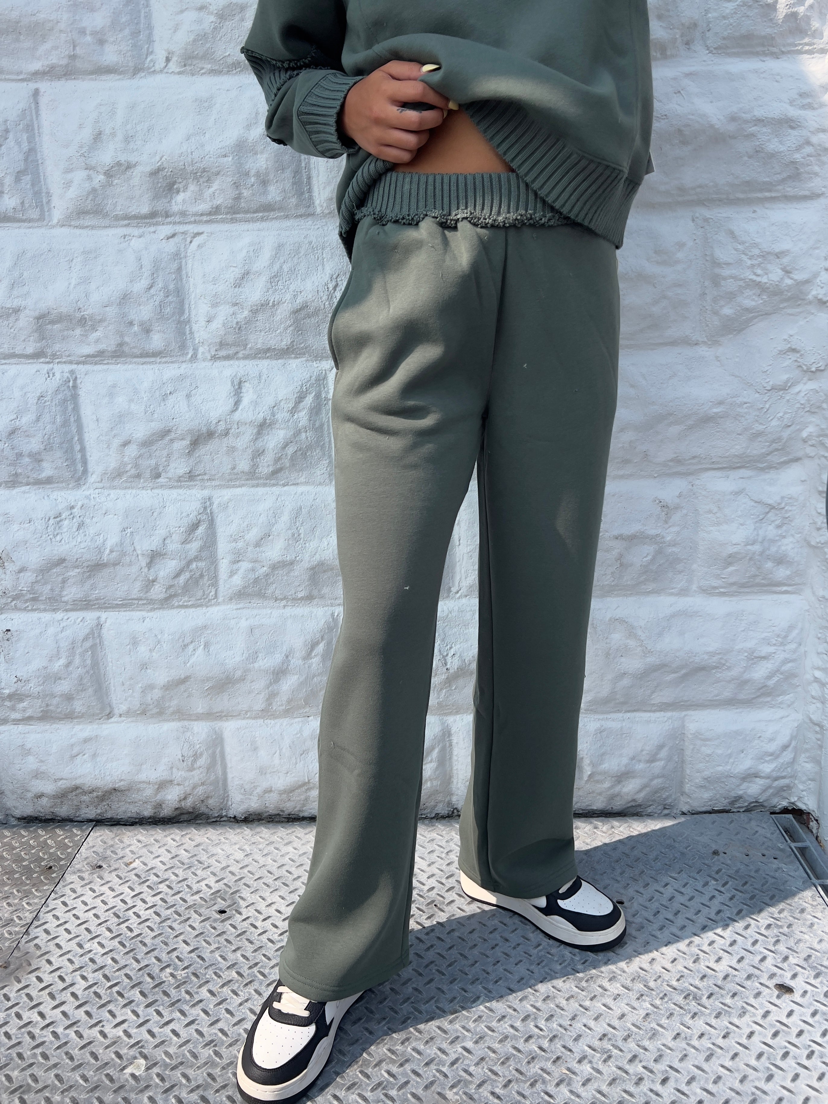 Olive Fleece Pant with Rib Waistband