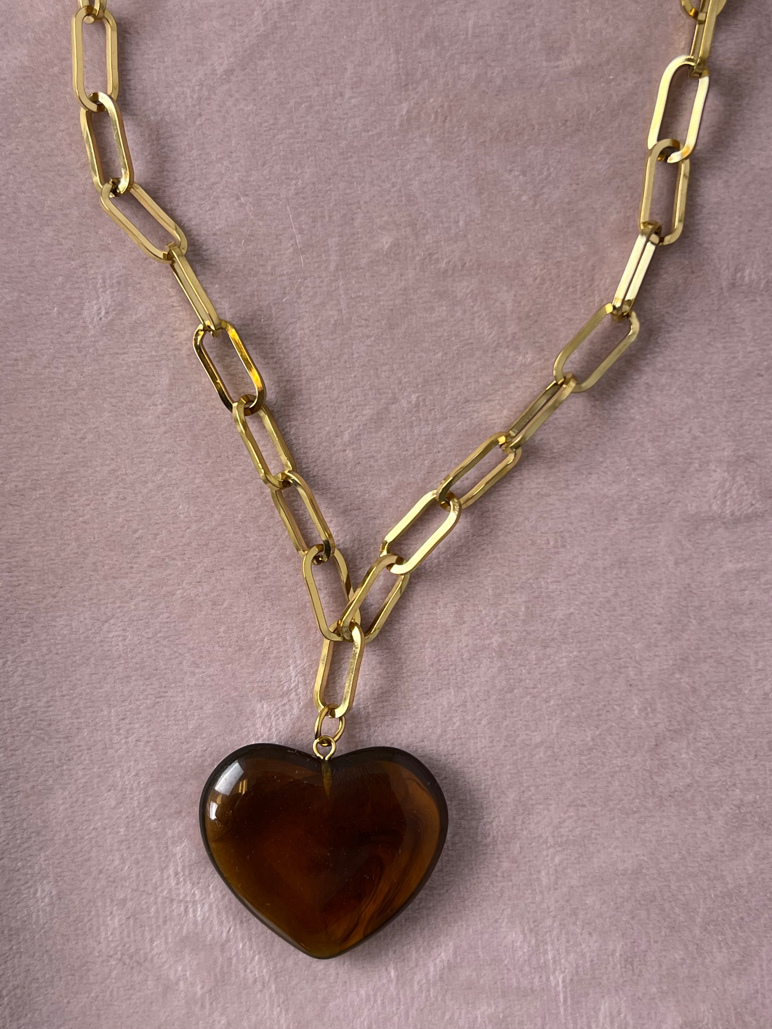 The Melissa Marbled Brown Lucite Puff Heart Necklace – Water & Tarnish Resistan