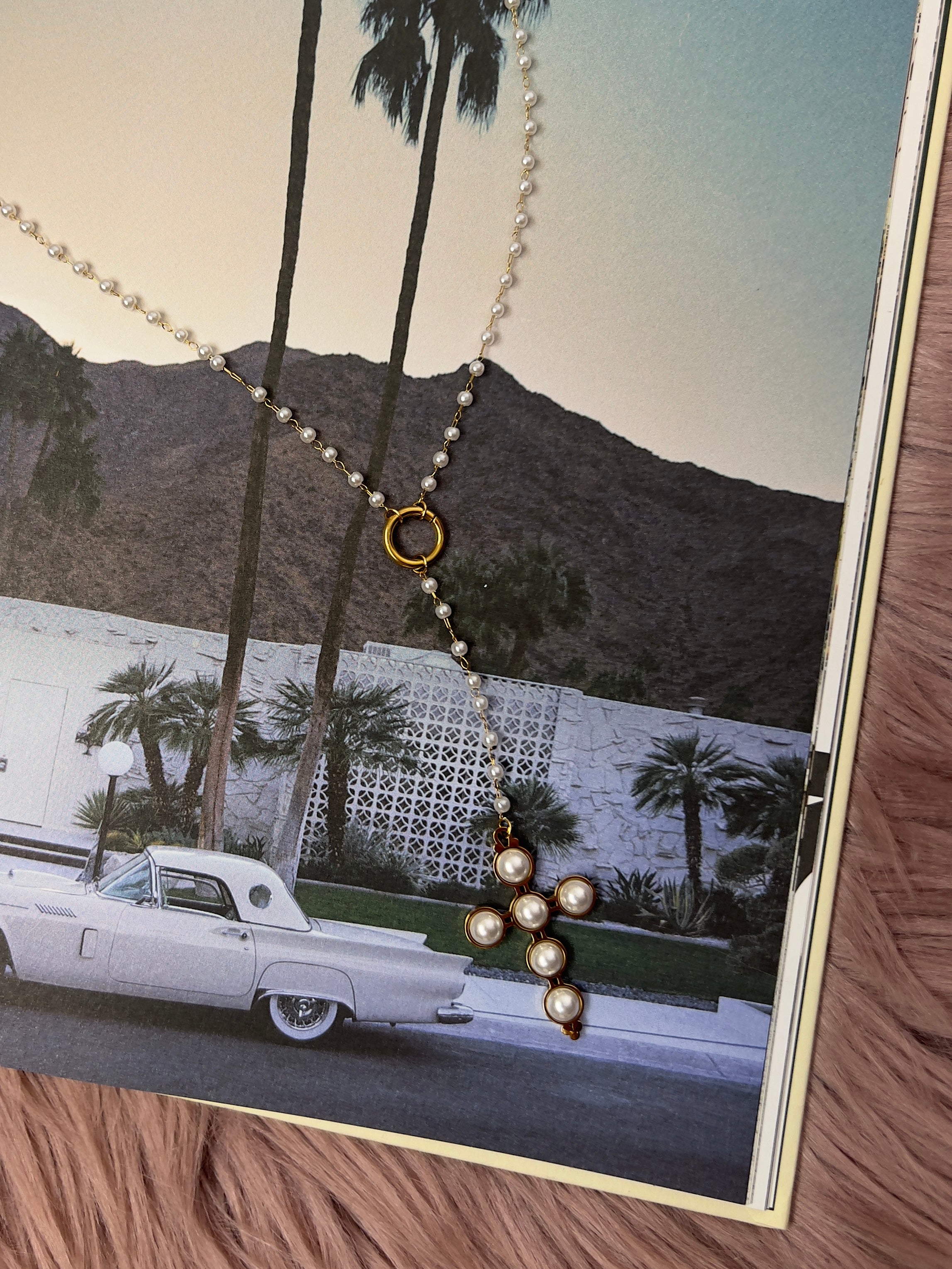 Christina Large Pearl Cross Rosary Necklace