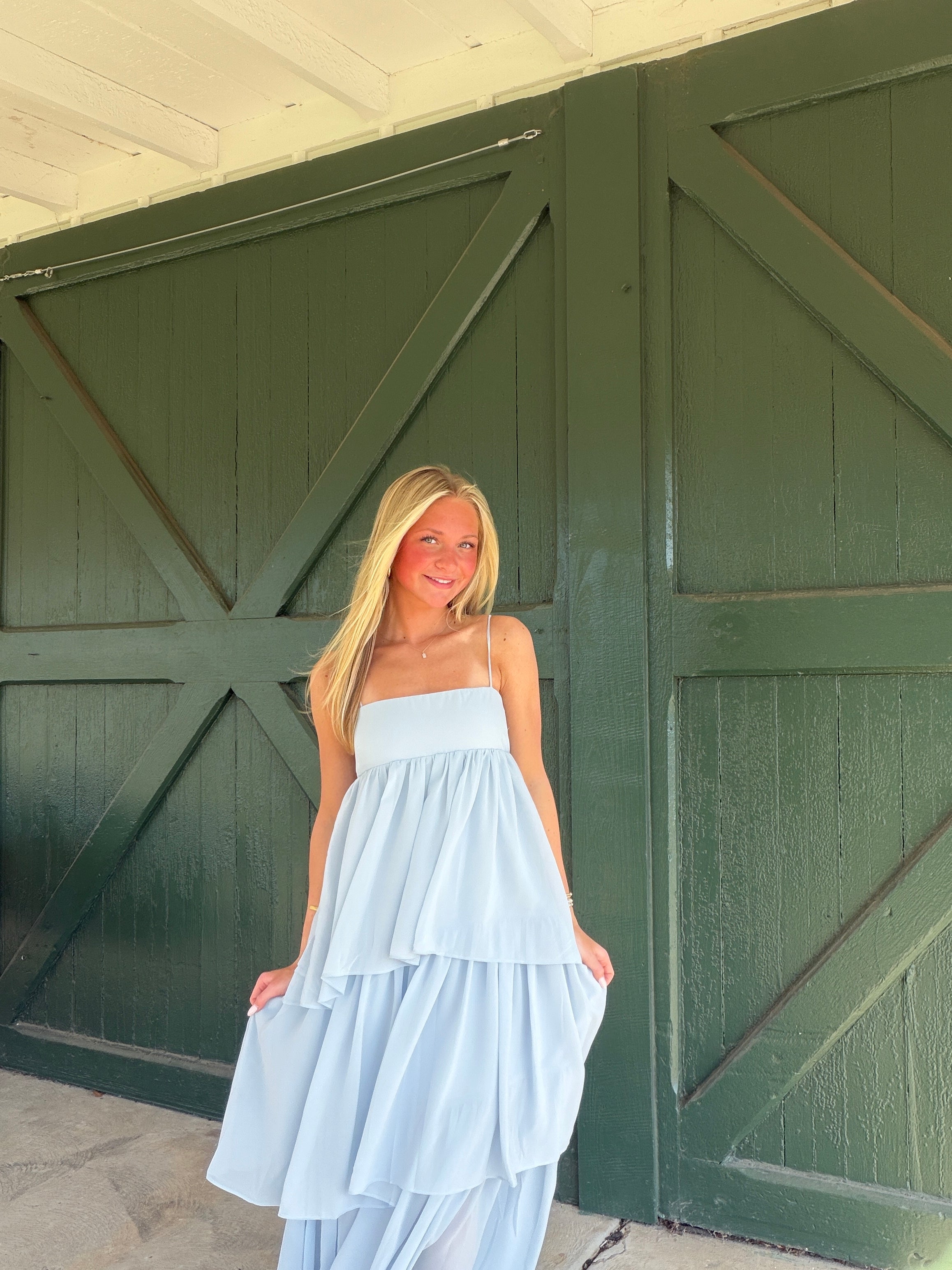 Soria Tiered Maxi Dress by NIA | Elegant Straight Neckline Occasion Dress