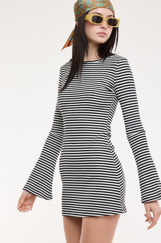 Retro Breeze Striped Bell Sleeve Tee Dress
