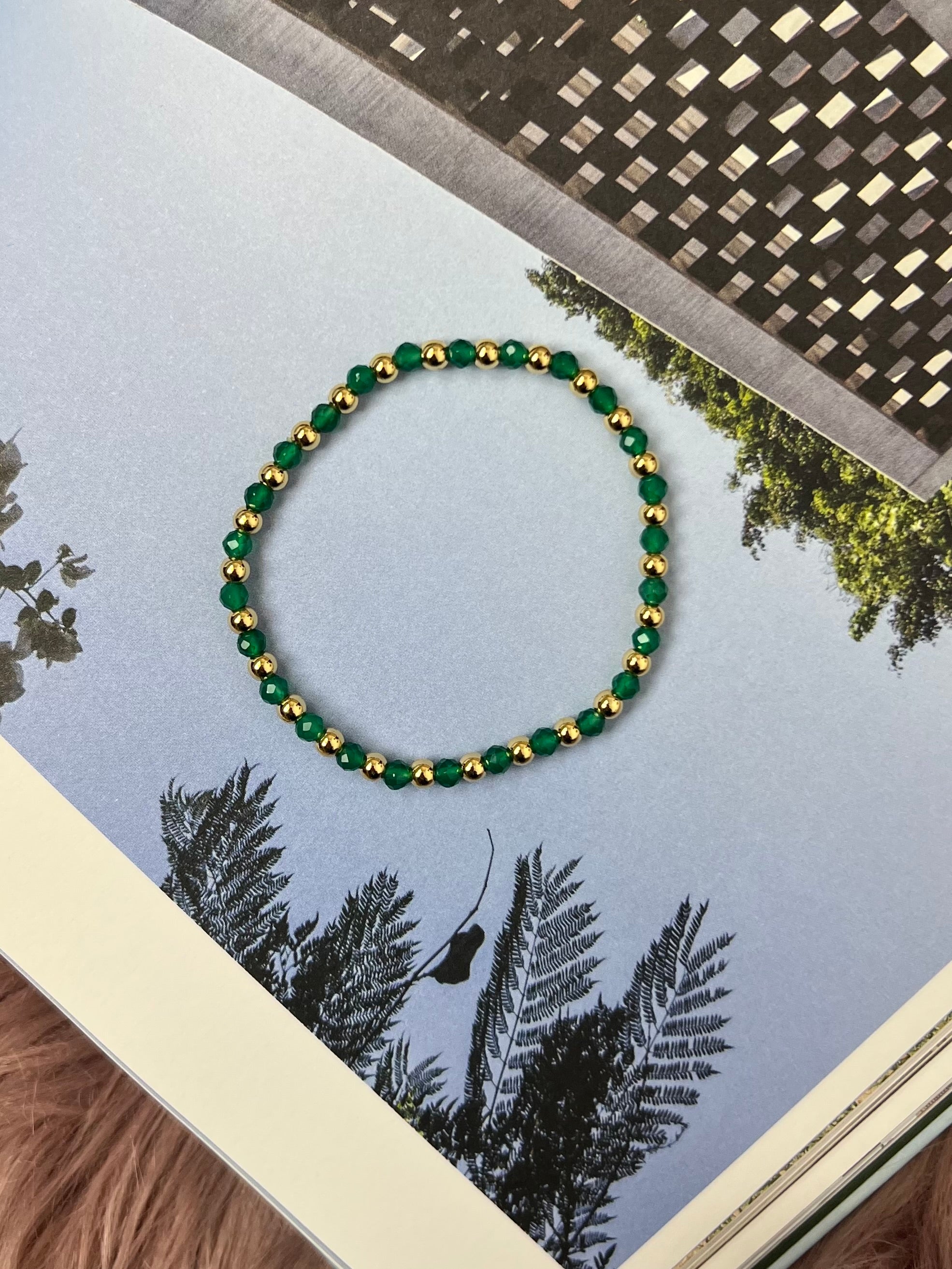 Brynn Faceted Green Crystal and Gold Bead Stretch Bracelet
