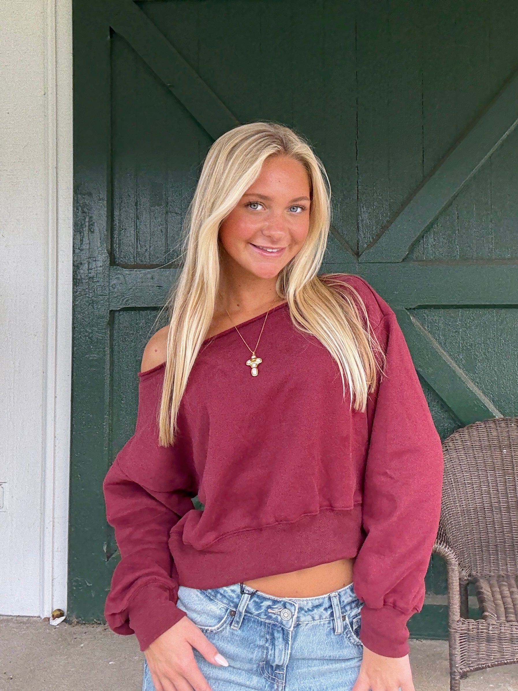 Everything Burgundy Off The Shoulder Sweatshirt