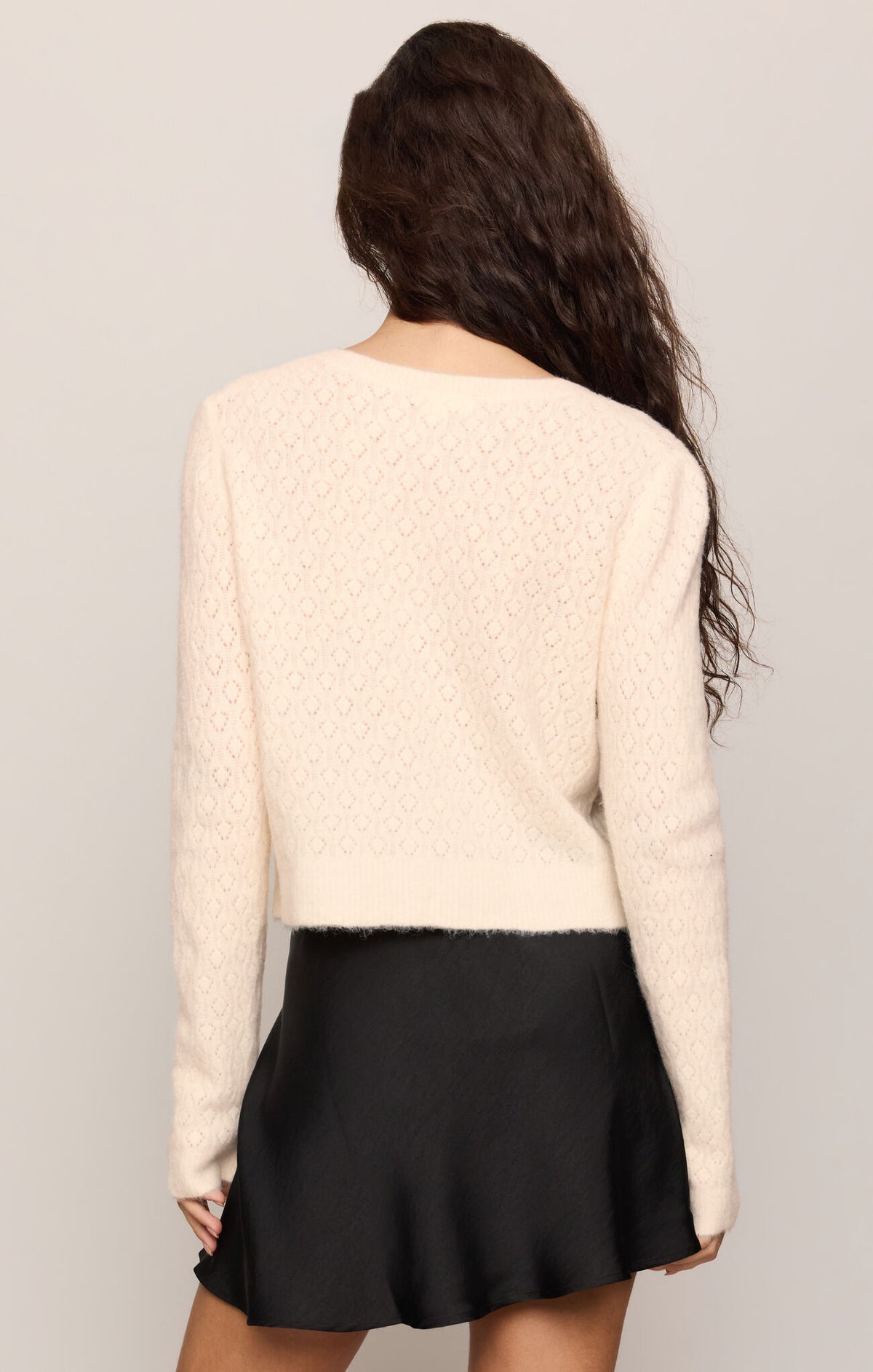 Lightweight sandstone open-knit cardigan back view with long sleeves