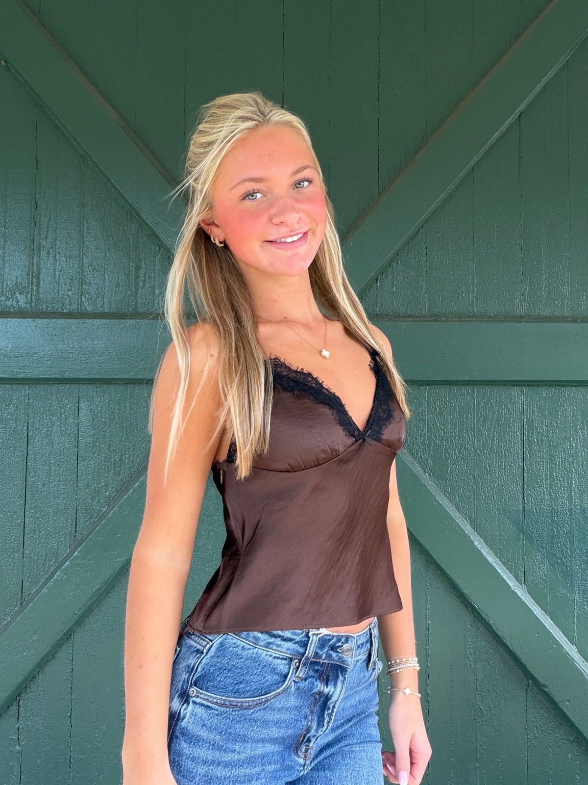 Chocolate lace-trim crop cami with V neckline and adjustable spaghetti straps
