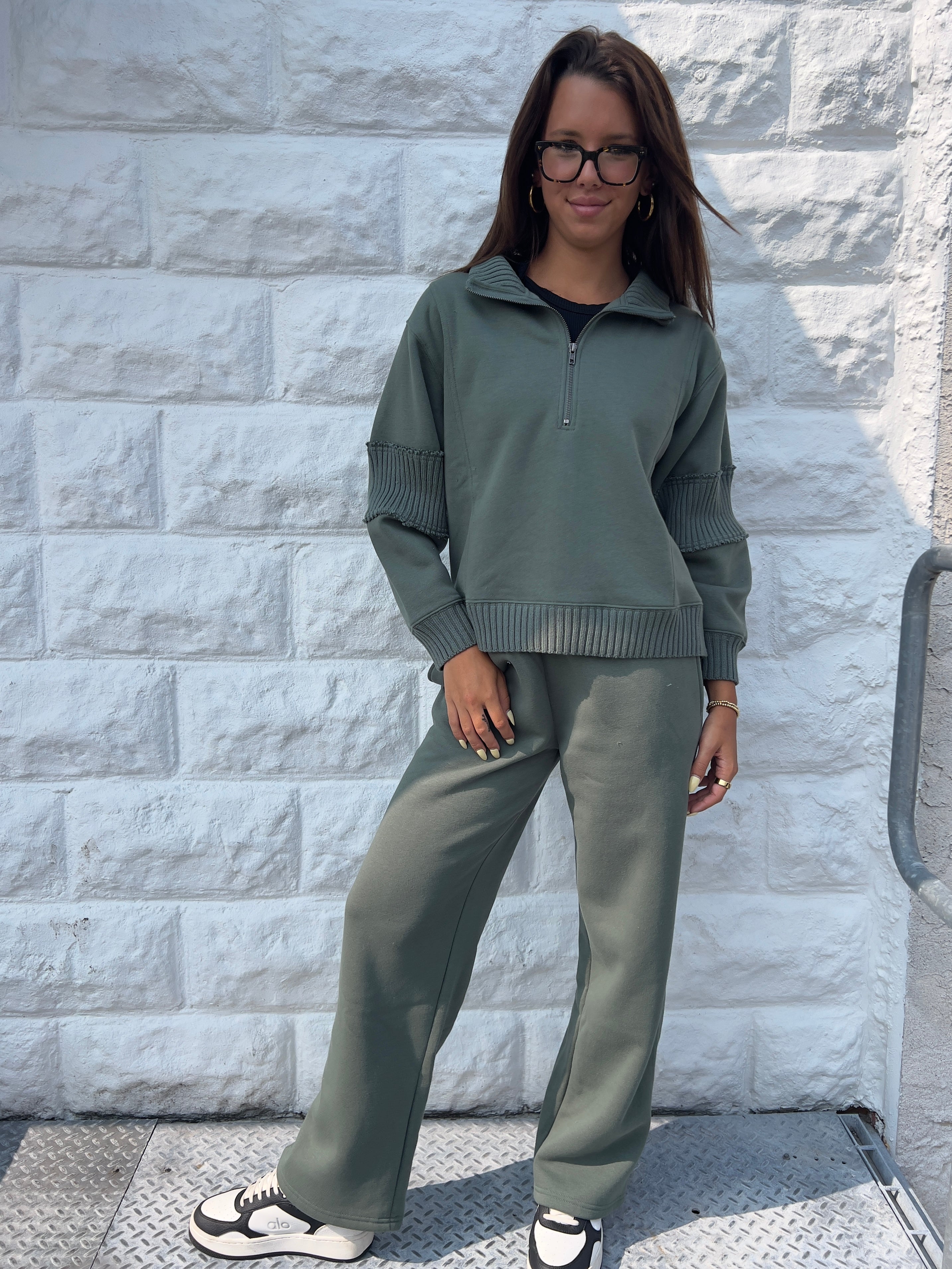 Olive Fleece Quarter Zip with Rib Detail