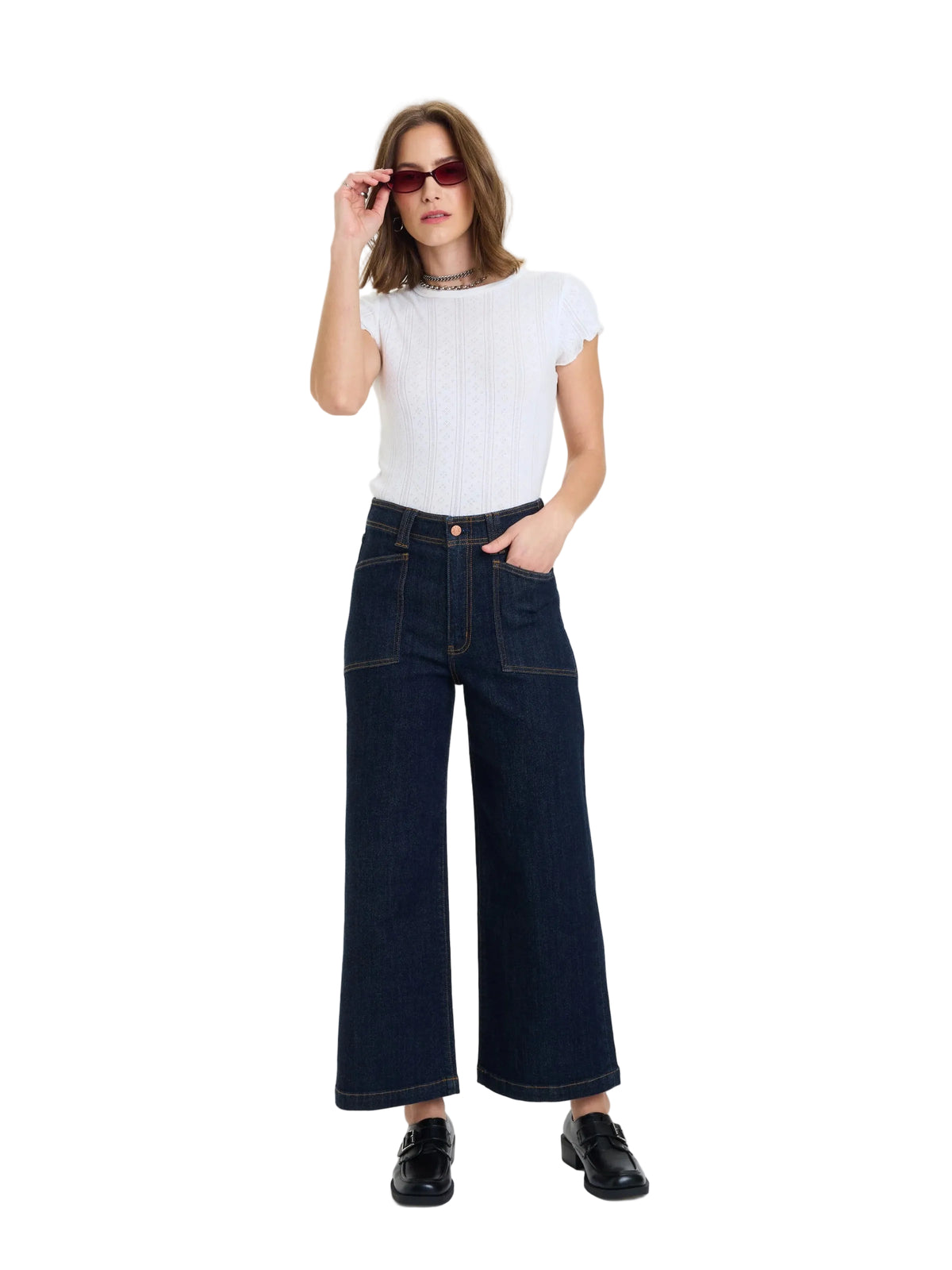 DAZE Valley Girl High Rise Patch Pocket Wide Ankle Jean – Rinse