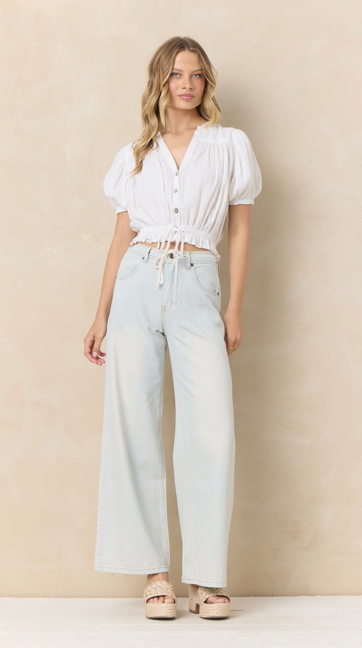 Vintage Havana White Woven Adjustable Tie-Waist Crop Top