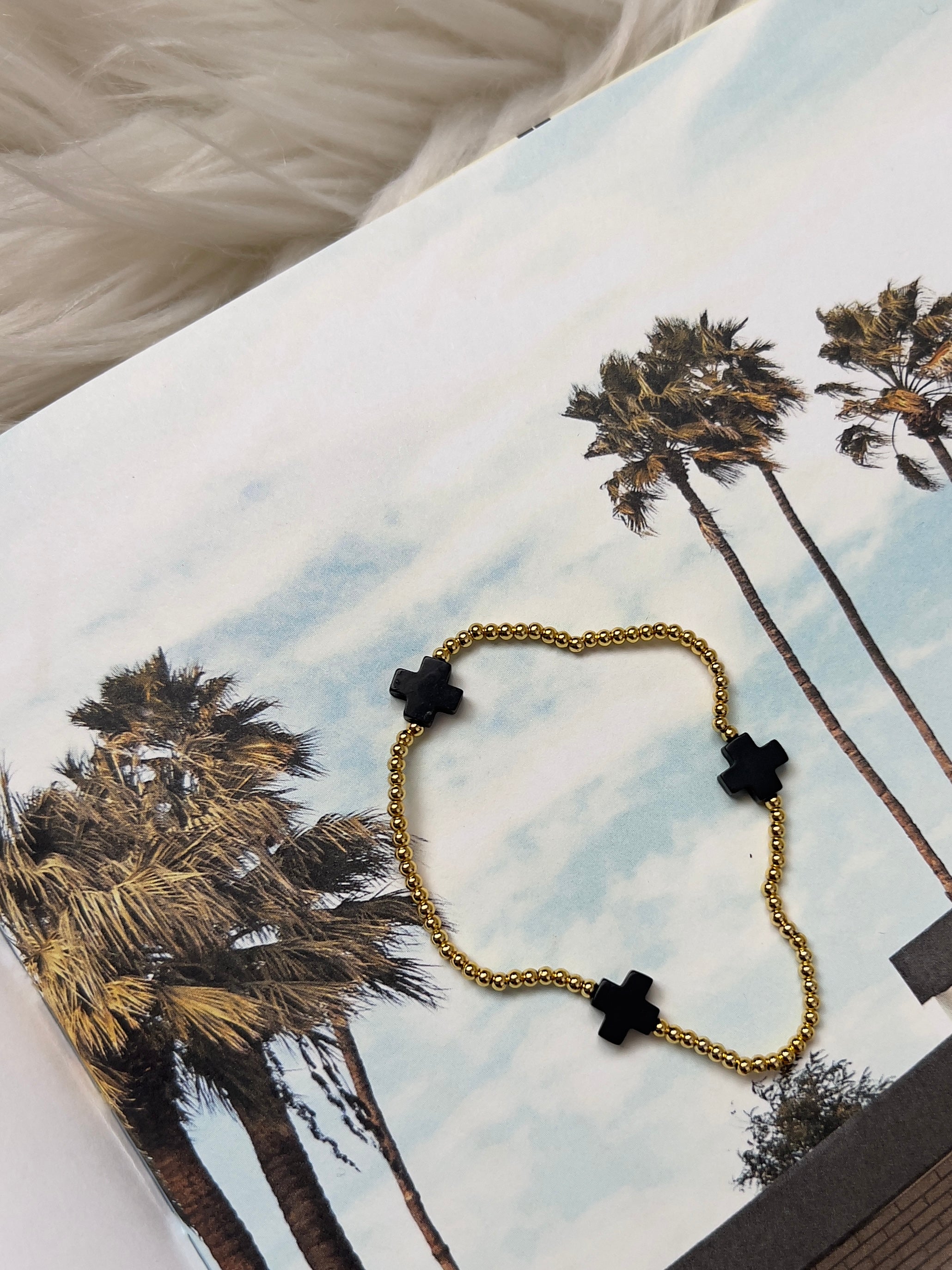 Venice Noir — Gold Bead & Cross Stretch Bracelet (Black)