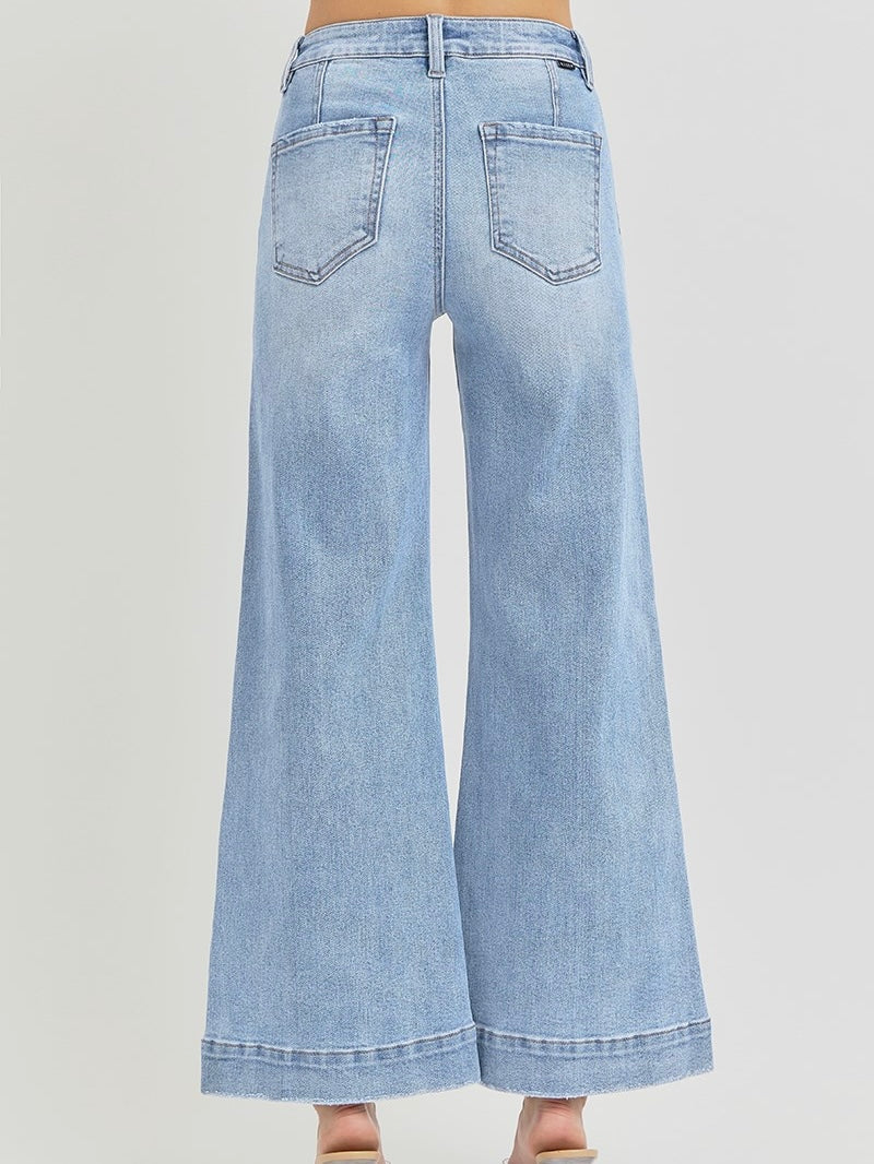 High Rise Light Wash Ankle Wide Leg Patch Pocket Detail Jeans