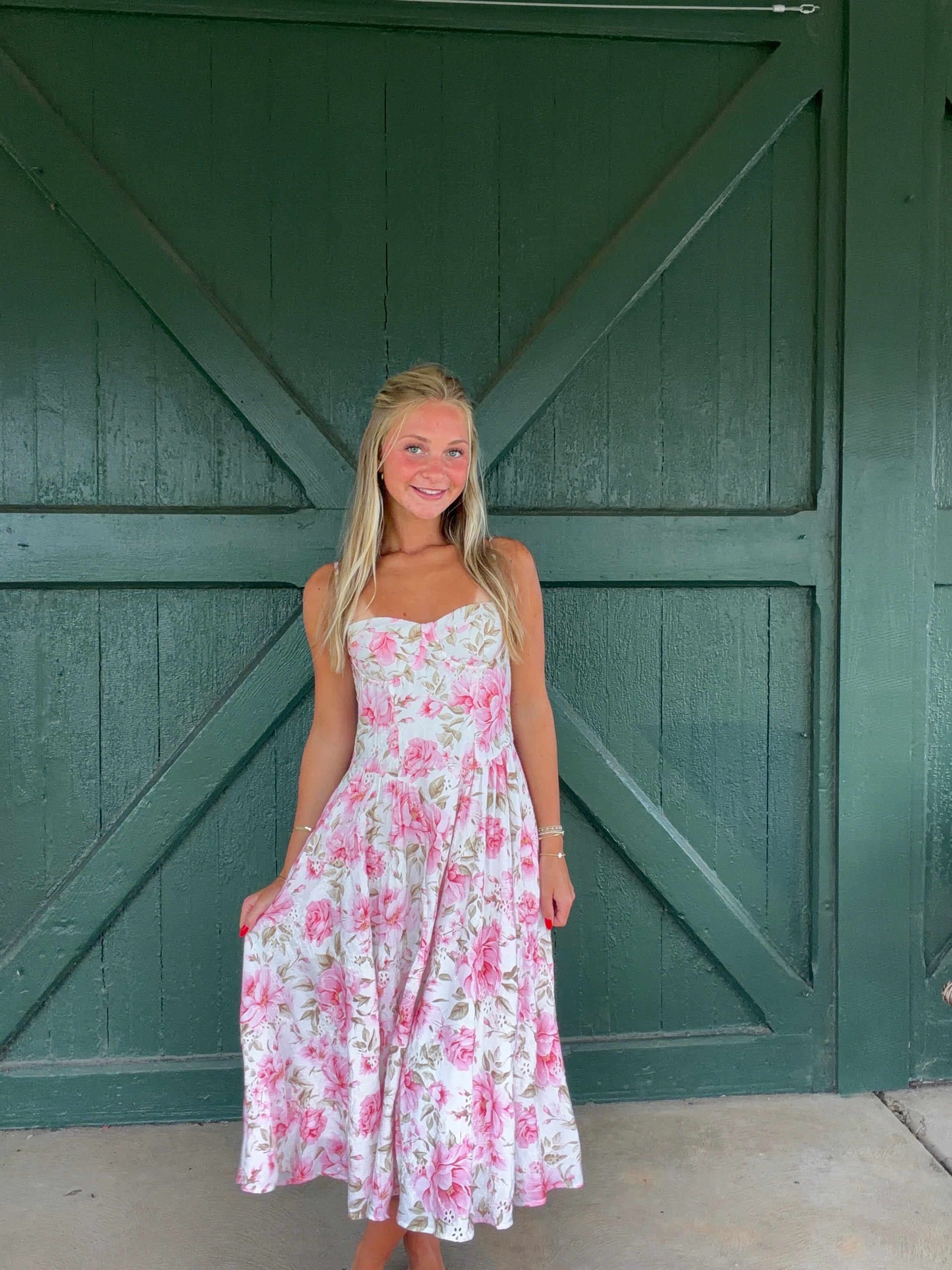 Garden Party Midi Dress - Pink Eyelet