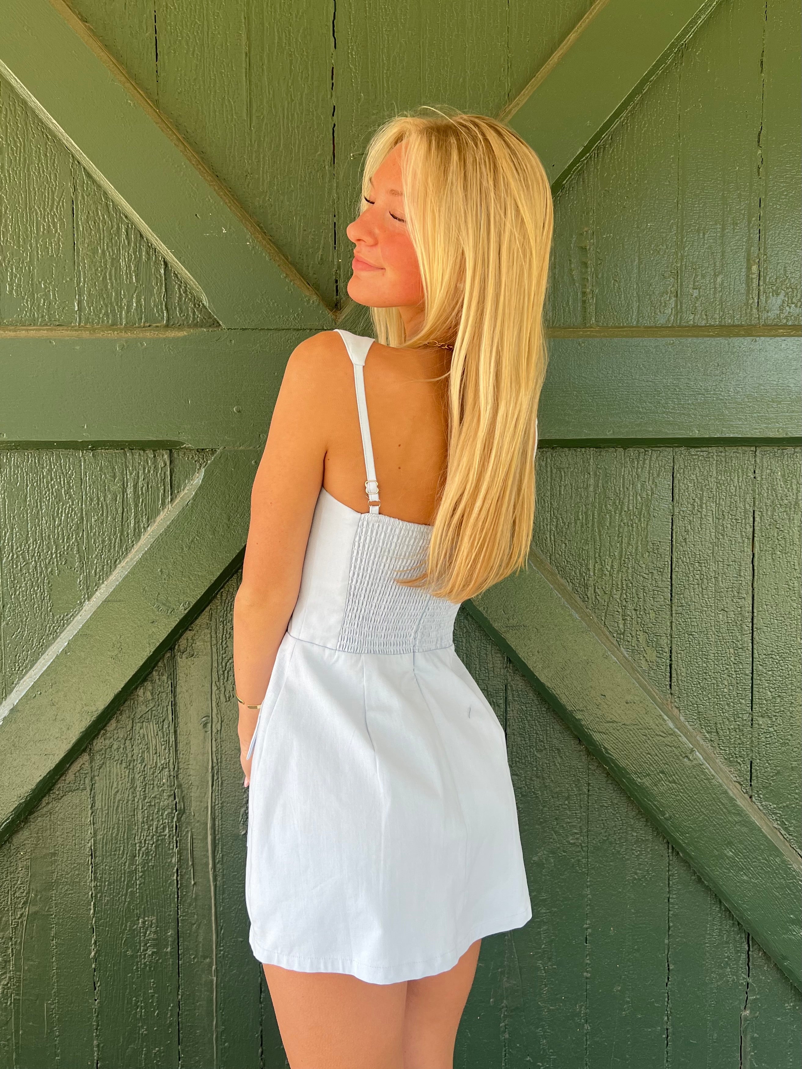 West Village Linen Dress Romper -Baby Blue