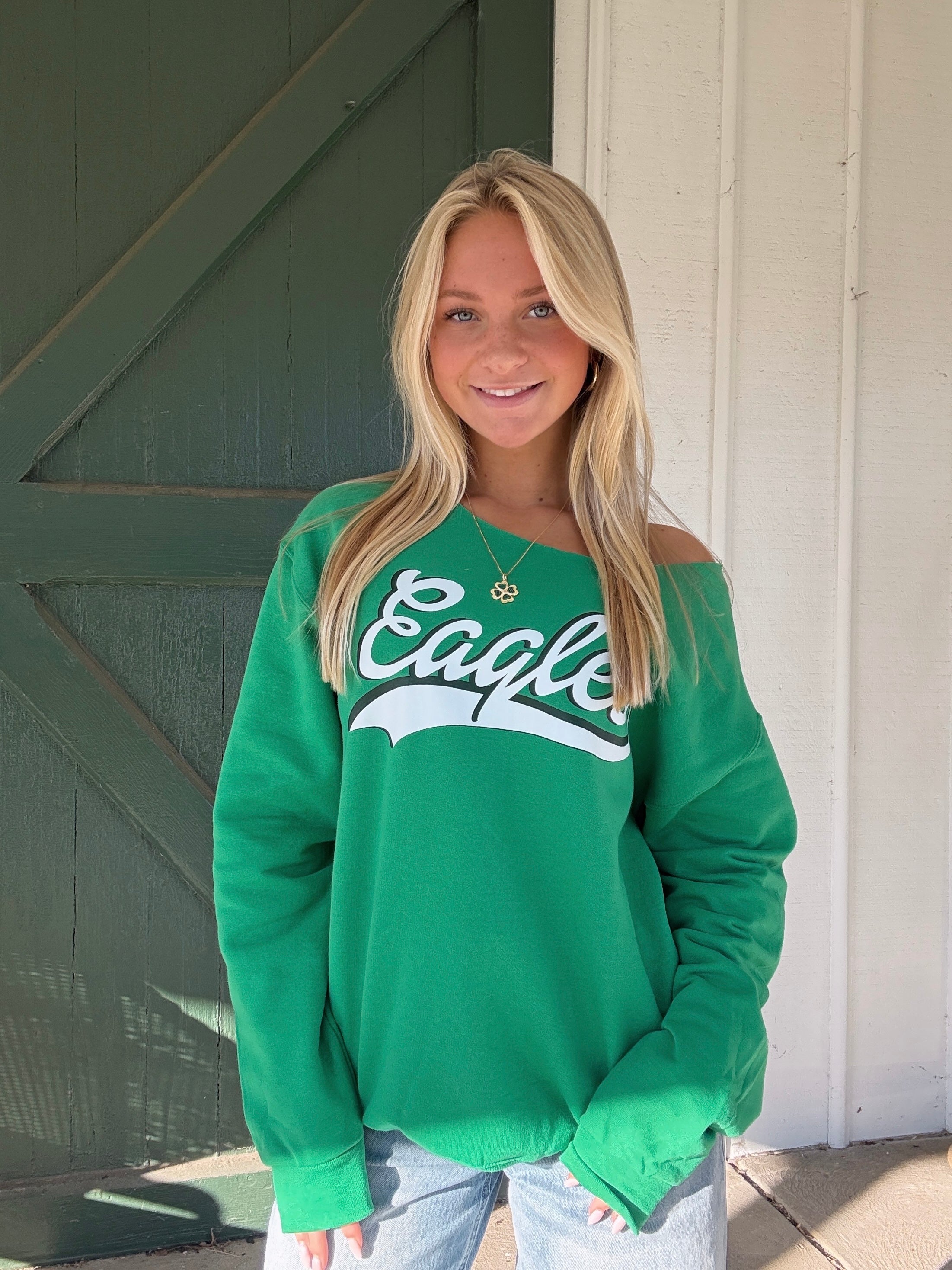 “Eagles” Off-The-Shoulder Game Day Sweatshirt Kelly Green– Philly Football Cozy Chic Pullover