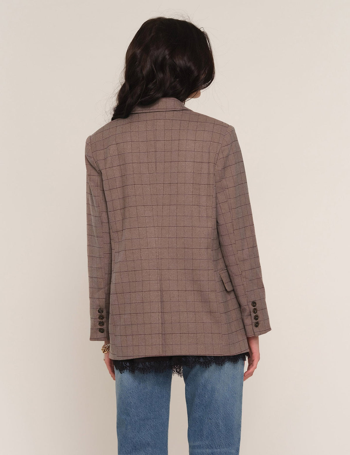 Taupe plaid blazer with notched collar and button-tab cuffs, back view