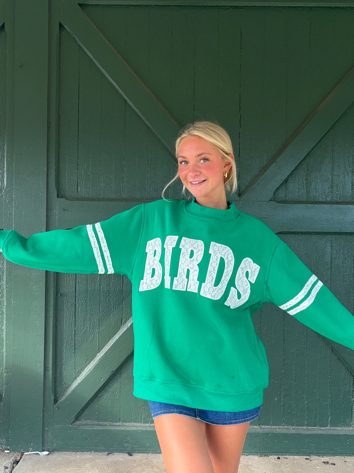 Birds Kelly Green Lace Mock Neck Sweatshirt