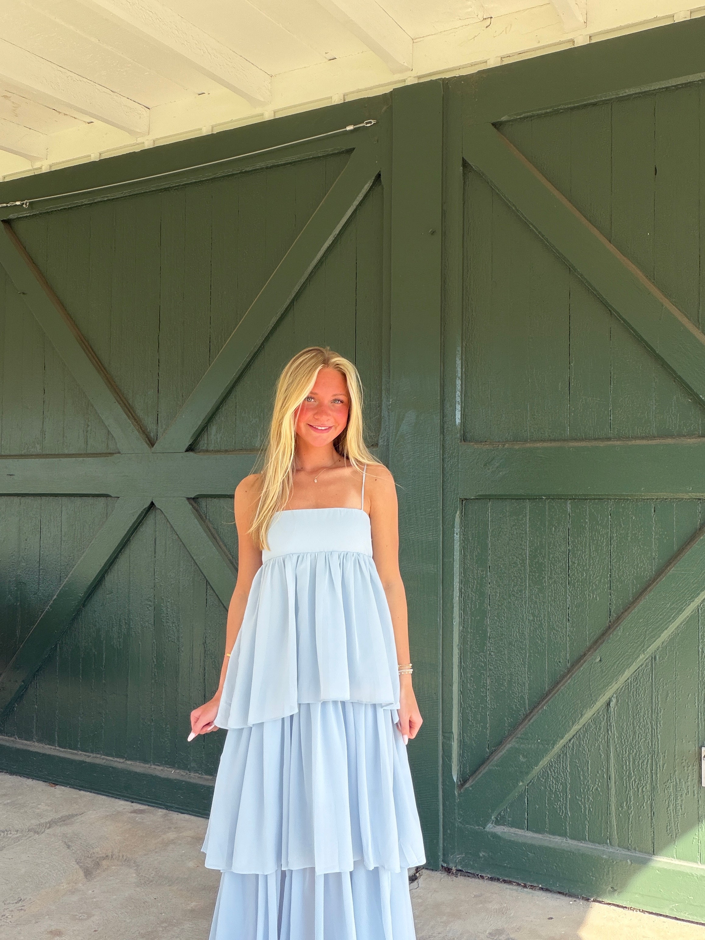 Soria Tiered Maxi Dress by NIA | Elegant Straight Neckline Occasion Dress