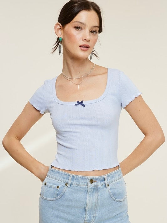 Penelope Baby Blue Short Sleeve Pointelle Bow Top