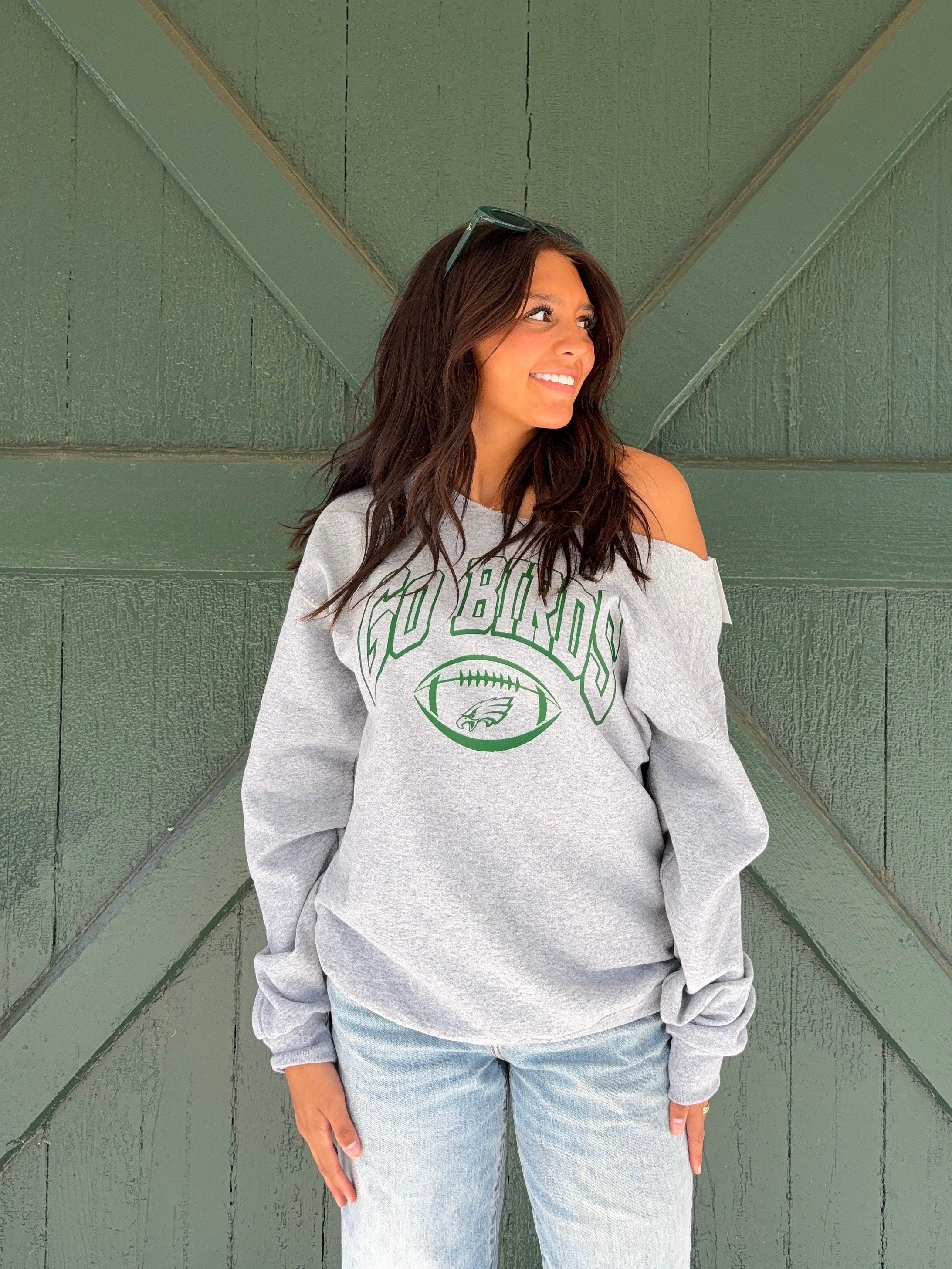 “Go Birds” Off-The-Shoulder Game Day Sweatshirt Heather Grey – Philly Football Cozy Chic Pullover