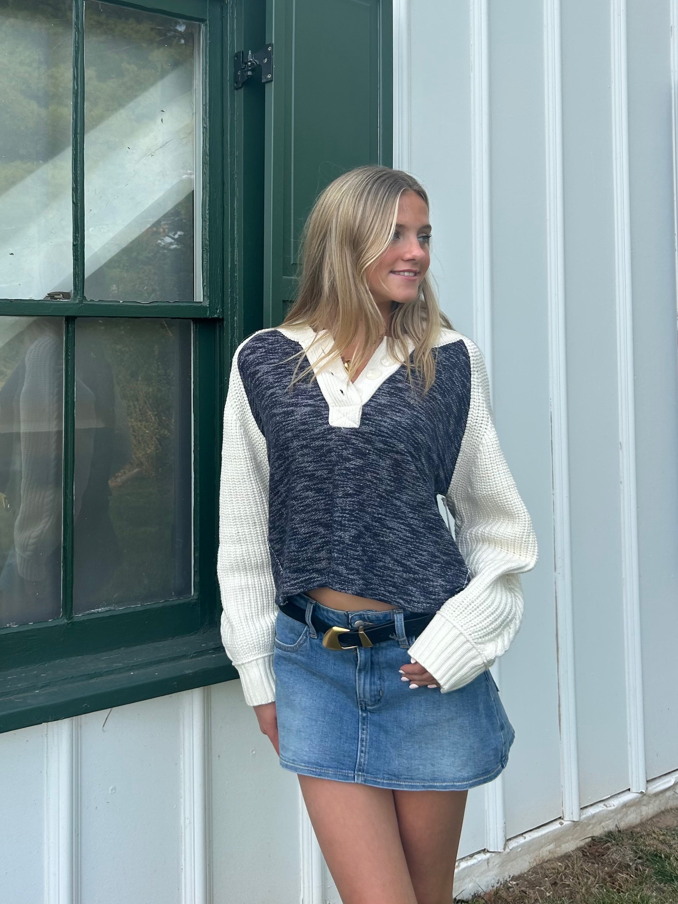 Winter Cream/navy Mixed Knit Collared Sweater