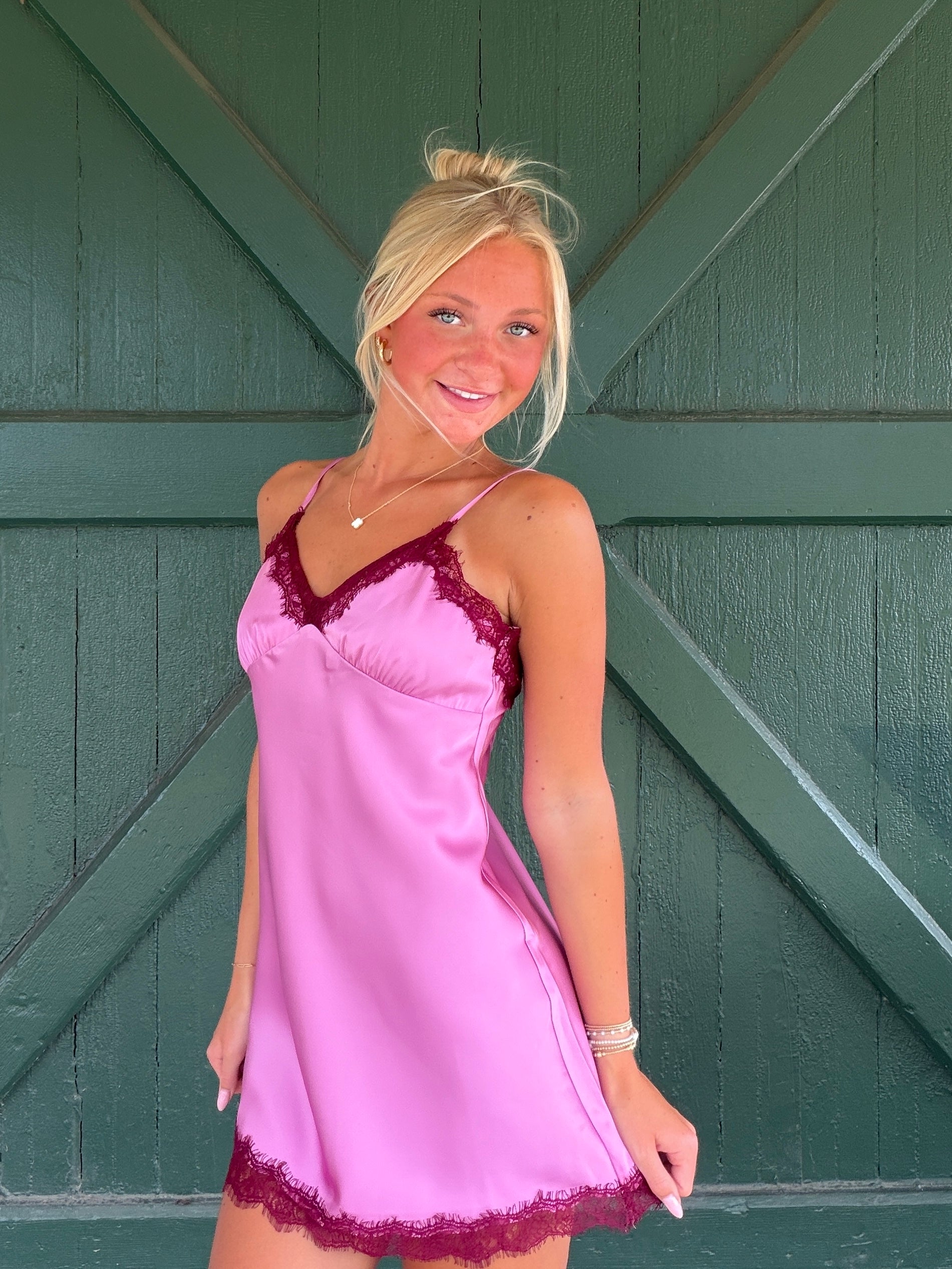 Rosé Romance Lace Satin Mini Dress – Mauve